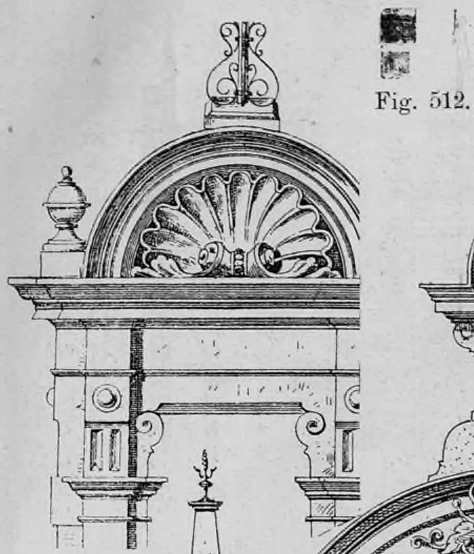 Fig. 512: Detailansicht einer prunkvollen Lukarne mit Rundbogenabschluss.