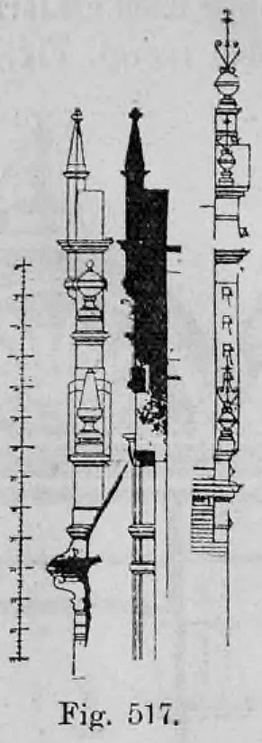 Fig. 517.: Seitenansicht und Profil einer Giebelkonstruktion mit Maßstab.