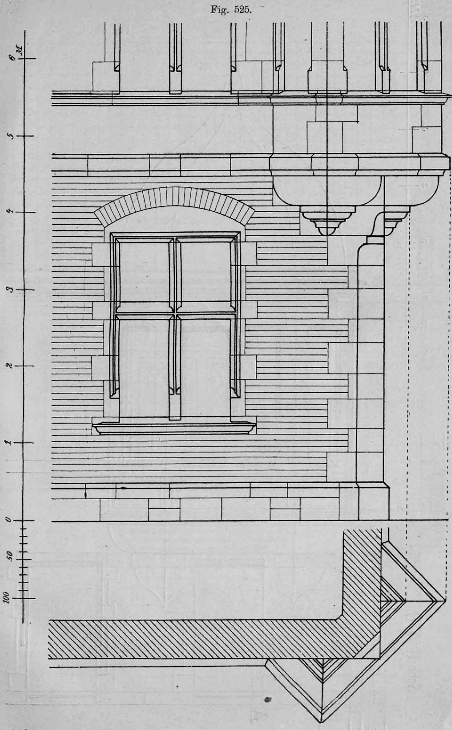 Fig. 525.: Konstruktive Detailzeichnung einer Fassade mit dem Unterbau eines Eck-Erkers.