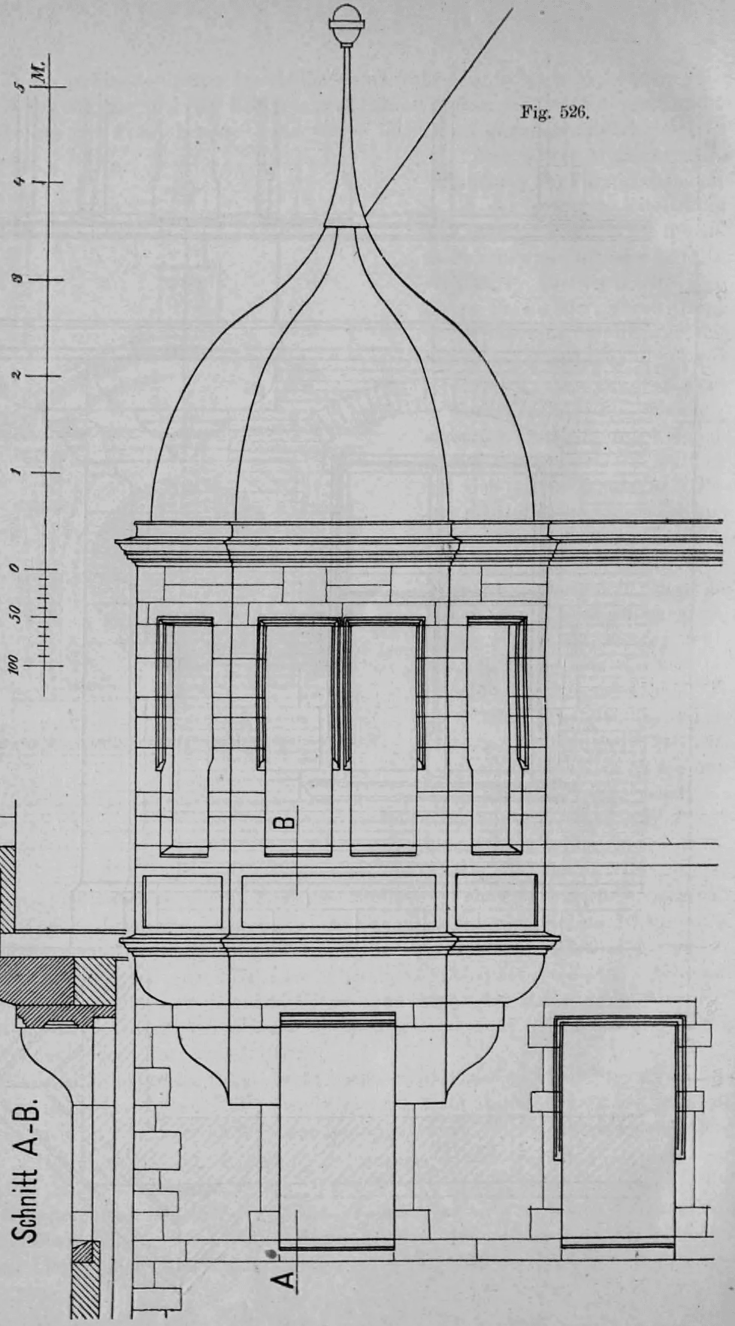 Fig. 526: Detaillierte architektonische Zeichnung eines runden Erkerabschlusses.
