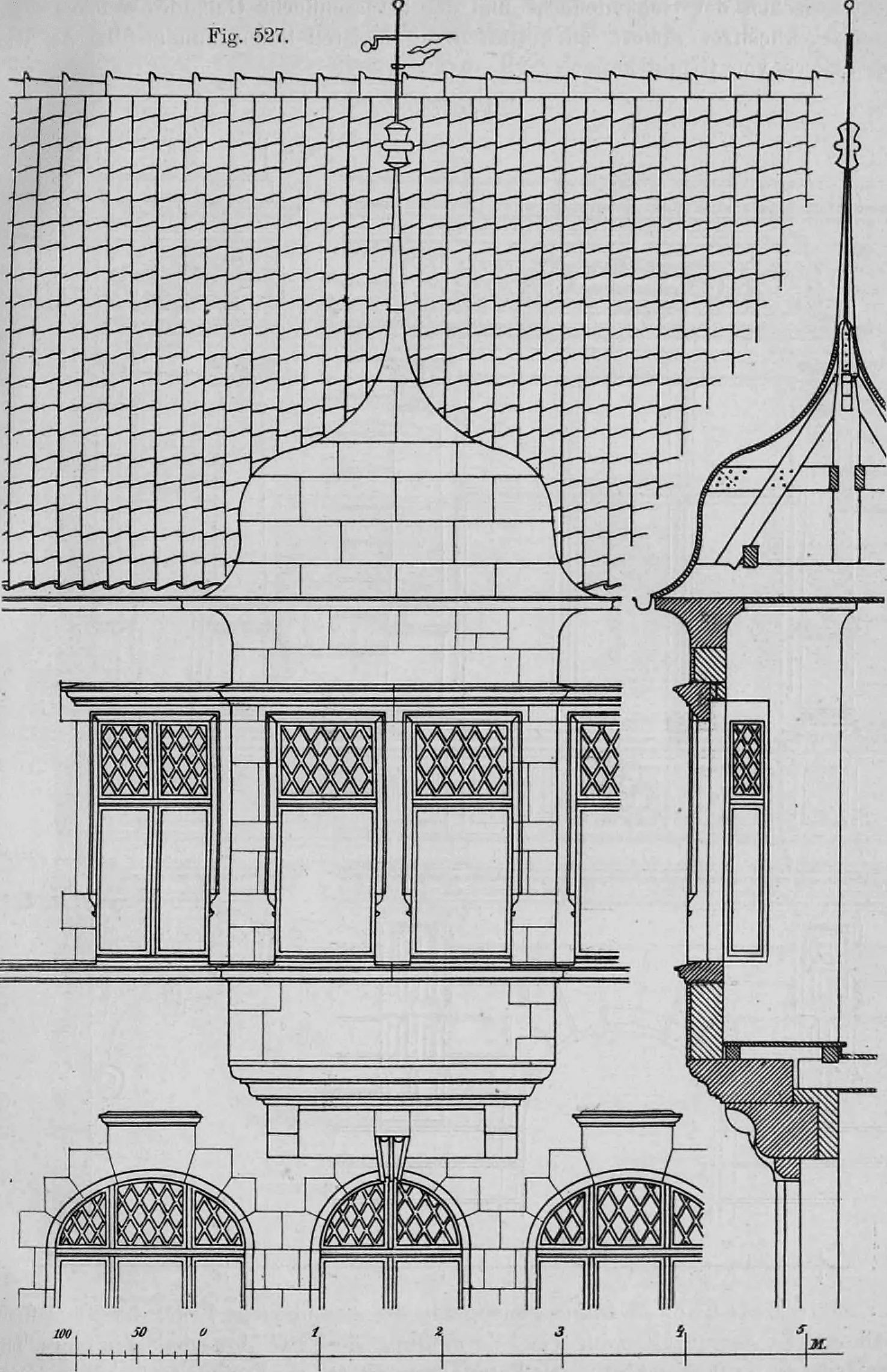 Fig. 527: Architektonische Zeichnung eines dreiteiligen Erkers mit Aufriss, Schnitt und Maßstab.