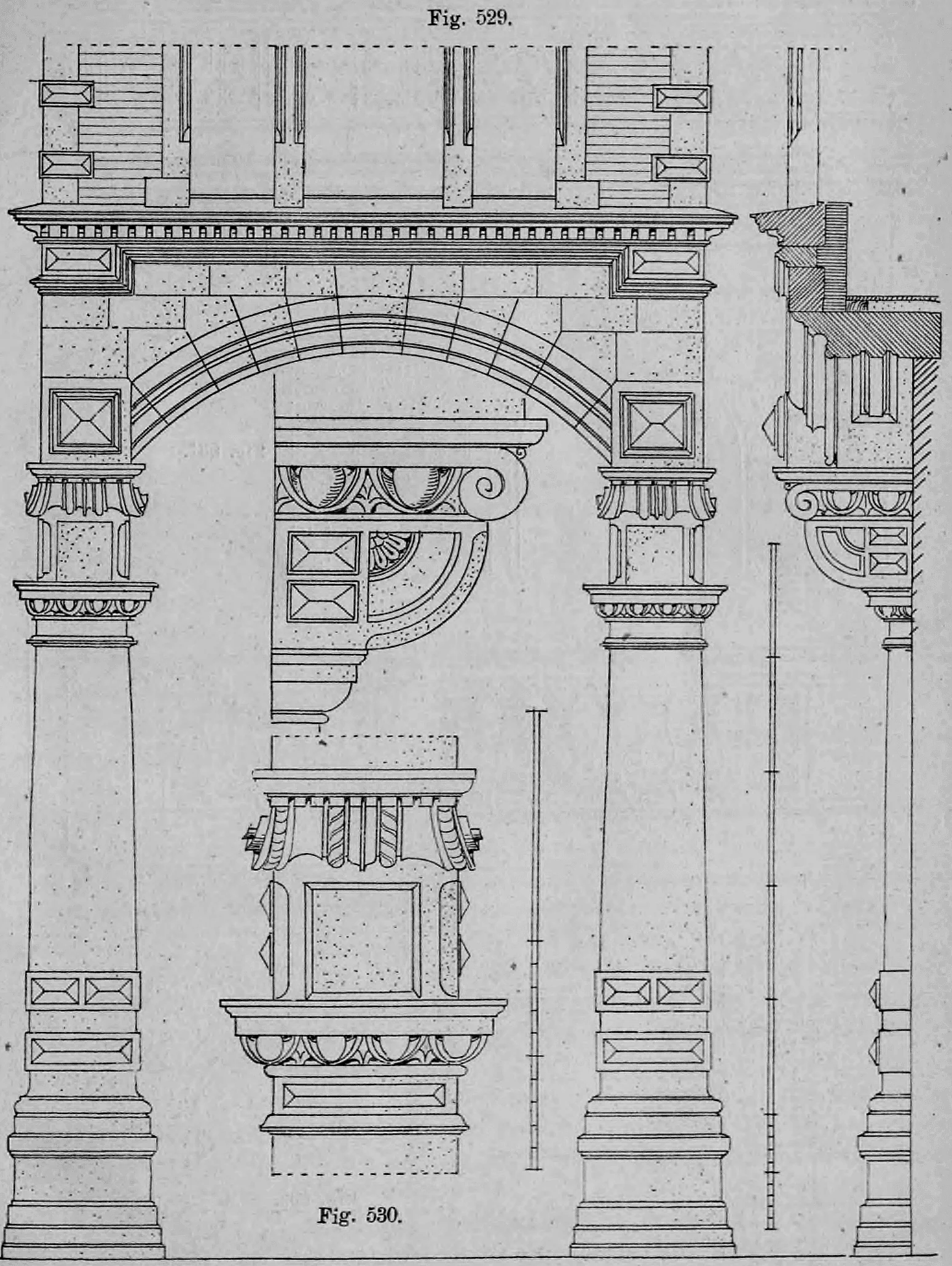 Fig. 529: Architektonischer Aufriss und Seitenprofil eines Balkonabschnitts.