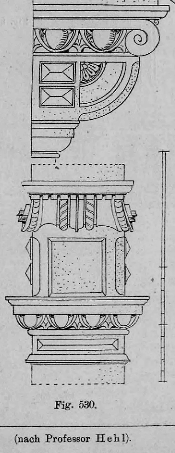 Fig. 530: Detailstudien eines verzierten Konsolsteins und eines Pfeilerelements nach Professor Hehl.