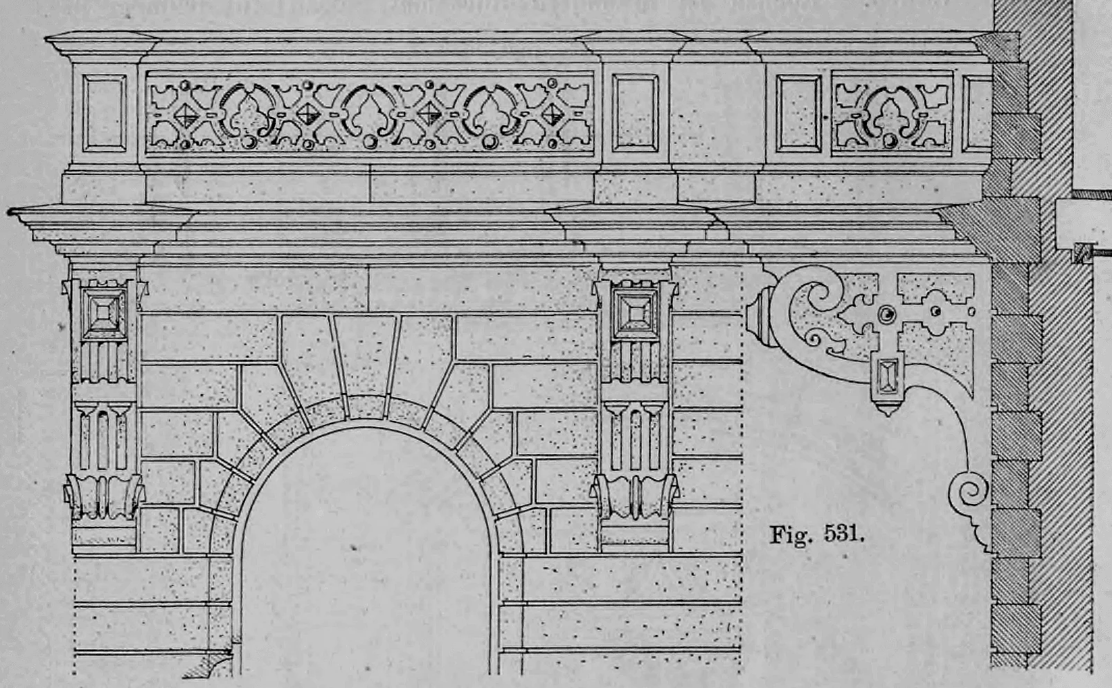 Fig. 531.: Detaildarstellung einer Balkonbrüstung mit durchbrochener Ornamentplatte.