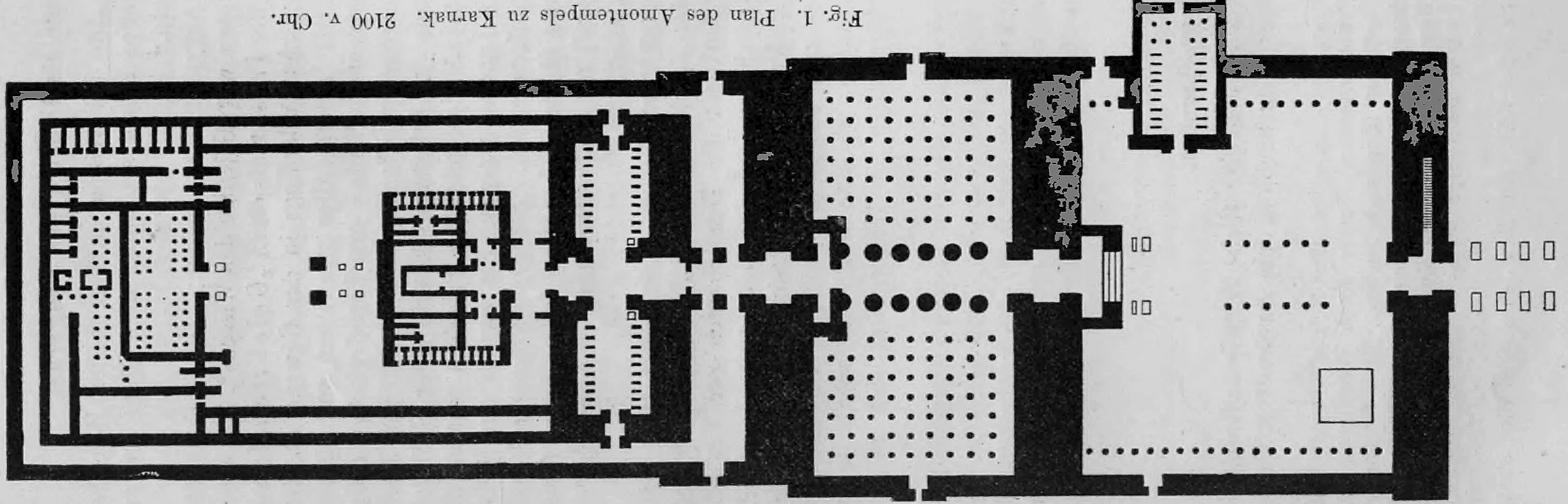 Fig. 1: Ein detaillierter Grundriss des Amontempels in Karnak, der die typische axiale und symmetrische Anordnung zeigt.