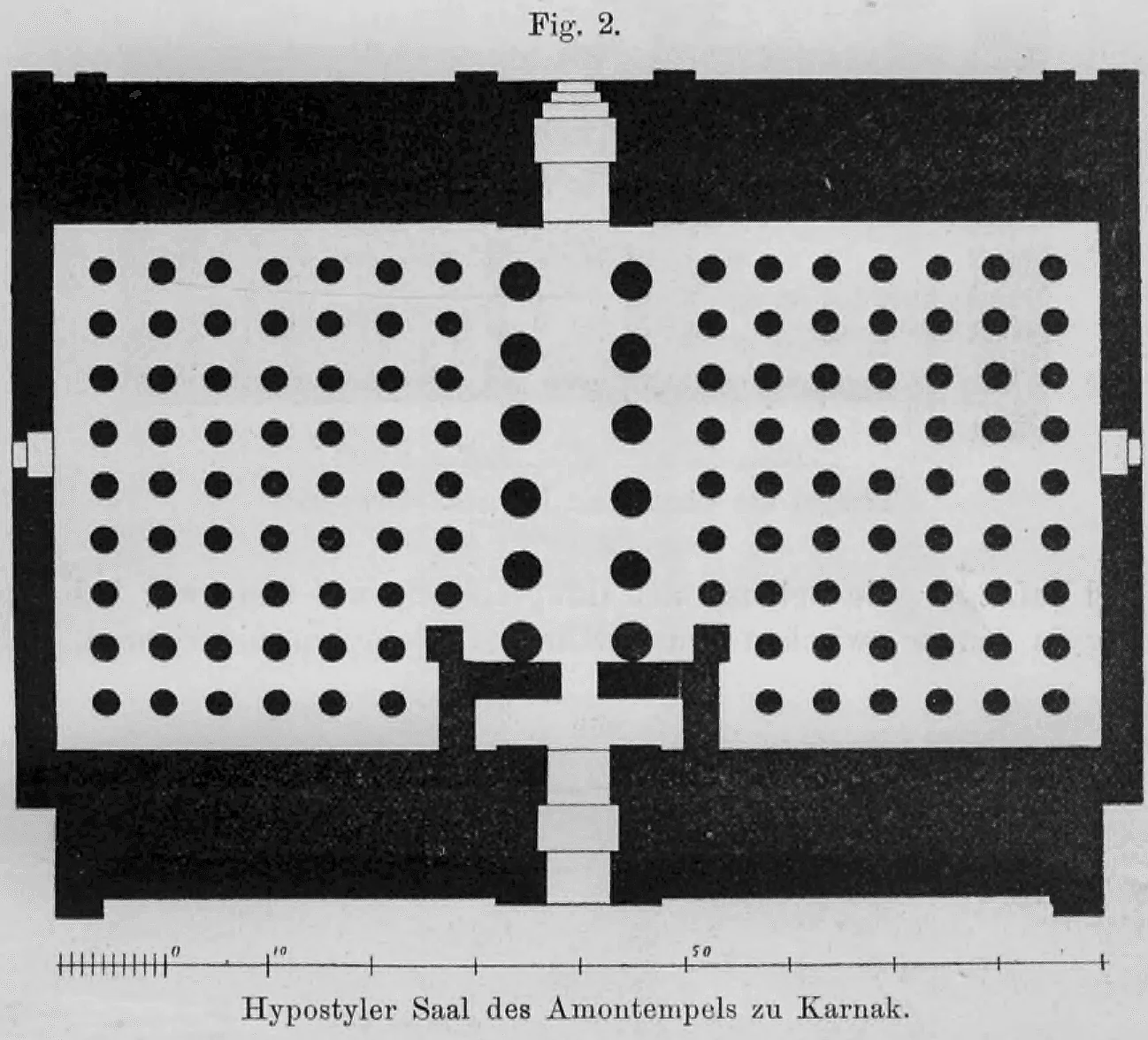 Fig. 2: Grundriss des Hypostylen Saals im Amontempel zu Karnak mit Maßstab.