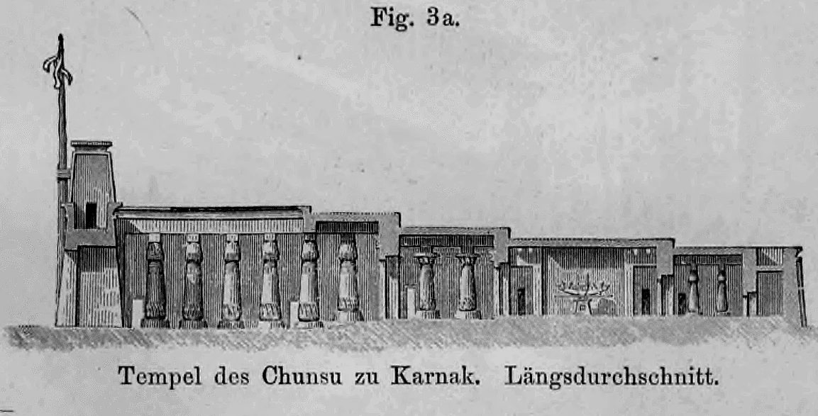 Fig. 3 a.: Längsschnitt durch den Tempel des Chons (Chunsu) in Karnak.