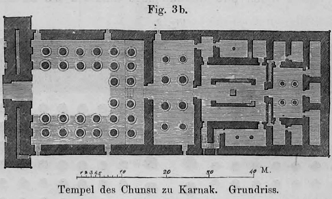 Fig. 3b: Ein detaillierter Grundriss des Tempels des Chunsu in Karnak mit Maßstabsleiste.