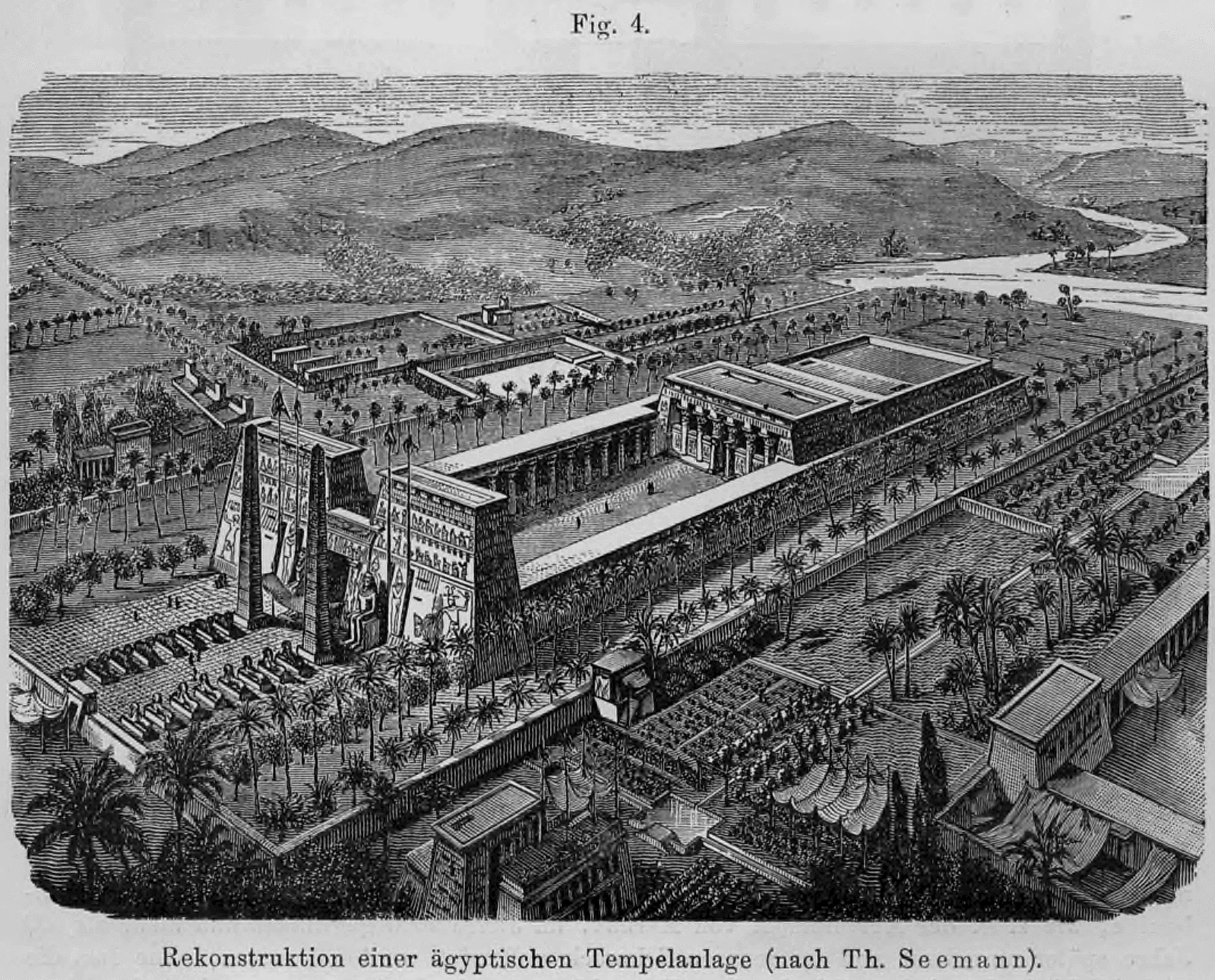 Fig. 4: Perspektivische Rekonstruktion einer monumentalen ägyptischen Tempelanlage am Nil.