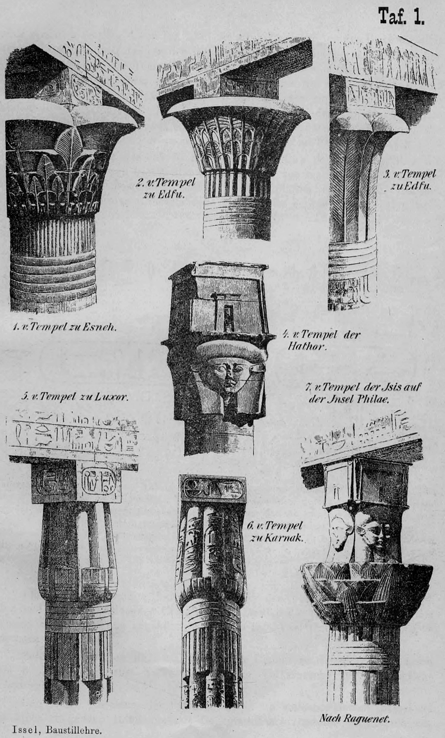 Tafel 1: Eine Zusammenstellung verschiedener ägyptischer Säulenkapitelle aus bedeutenden Tempelanlagen.