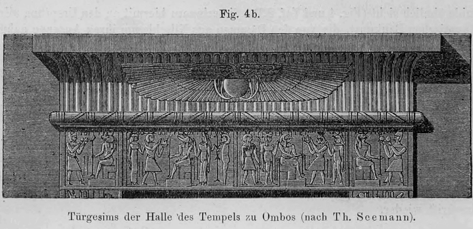 Fig. 4b: Eine detaillierte Architekturzeichnung eines ägyptischen Türgesimses mit der geflügelten Sonnenscheibe.