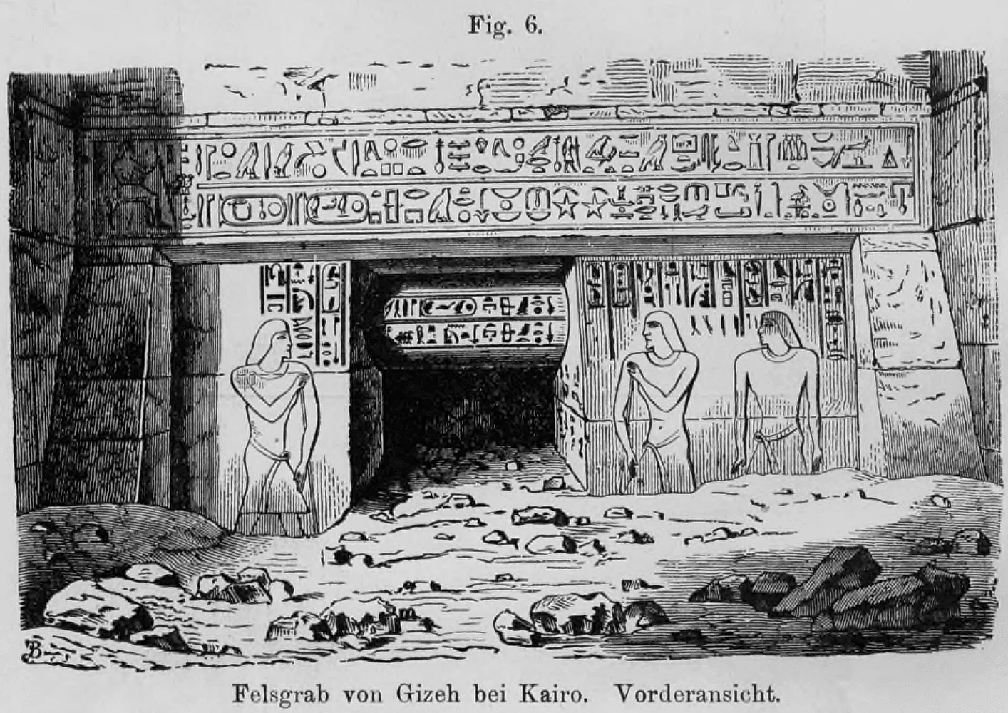 Fig. 6: Grafische Darstellung des Eingangs zu einem ägyptischen Felsgrab in Gizeh mit Hieroglyphenfriesen.