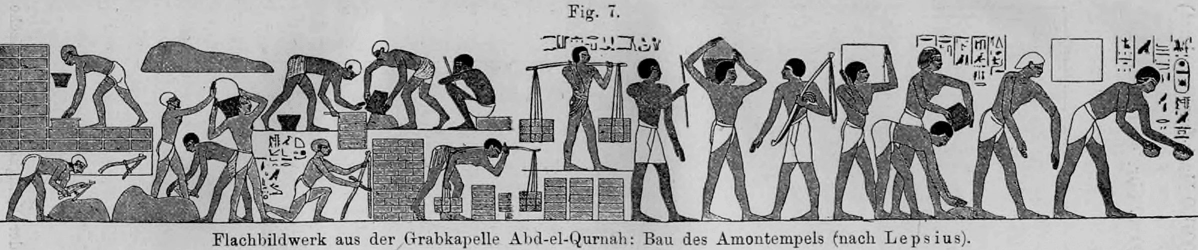 Fig. 7: Ein vertikales Flachrelief, das verschiedene Szenen von Bauarbeiten an einem altägyptischen Tempel darstellt.