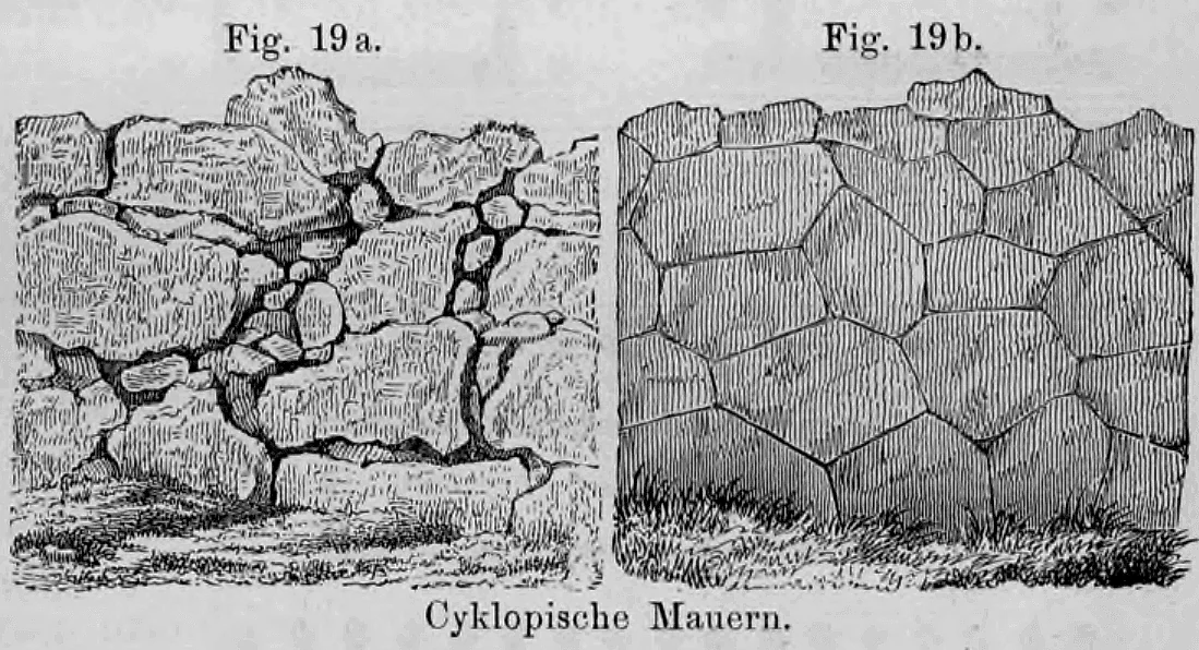 Fig. 19 a. und Fig. 19 b.: Darstellung von kyklopischem Mauerwerk aus großen, unregelmäßigen Steinblöcken ohne Mörtel.