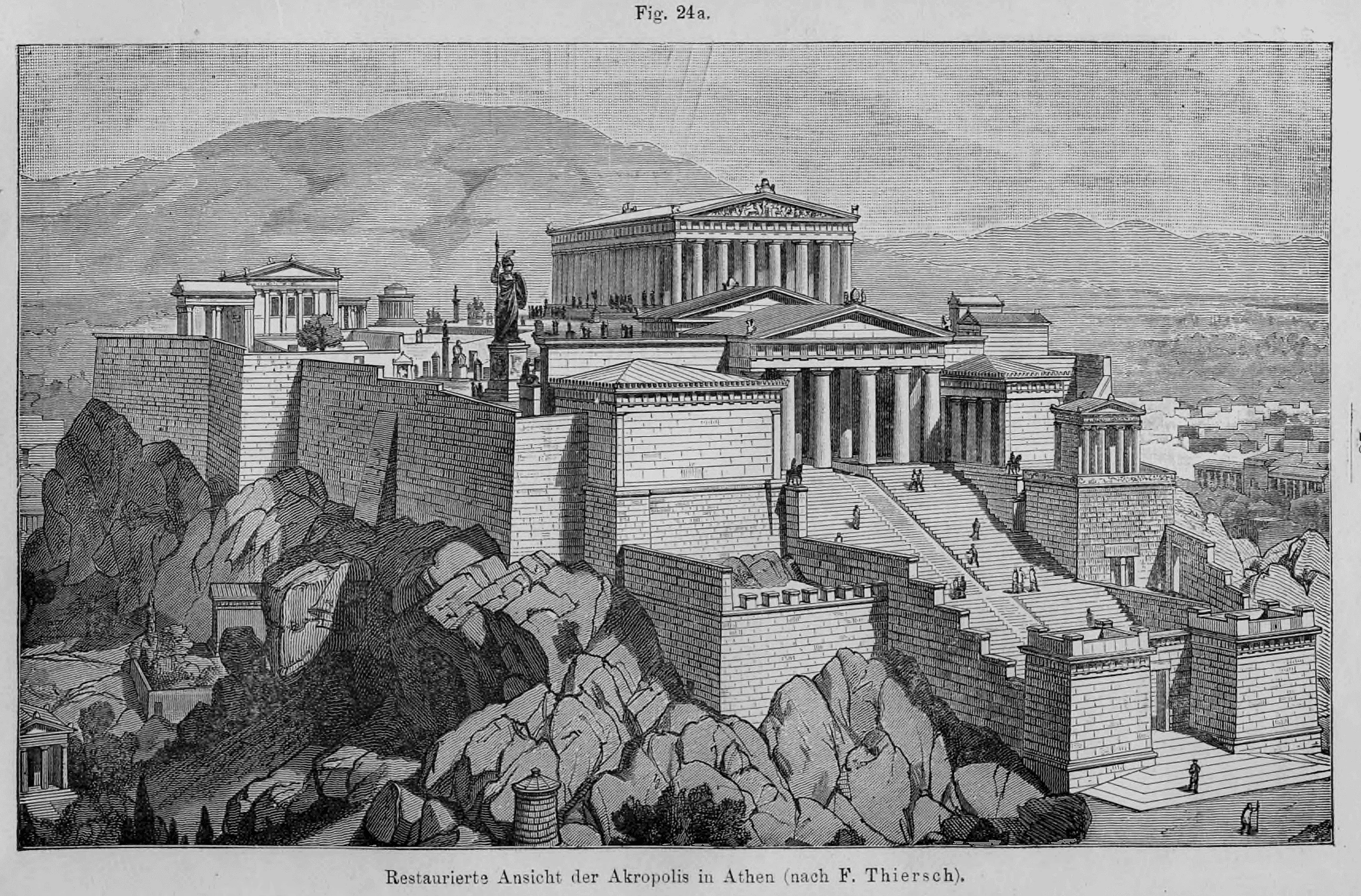 Fig. 24a.: Eine künstlerische Rekonstruktion der Athener Akropolis mit ihren Tempelanlagen und Monumenten.