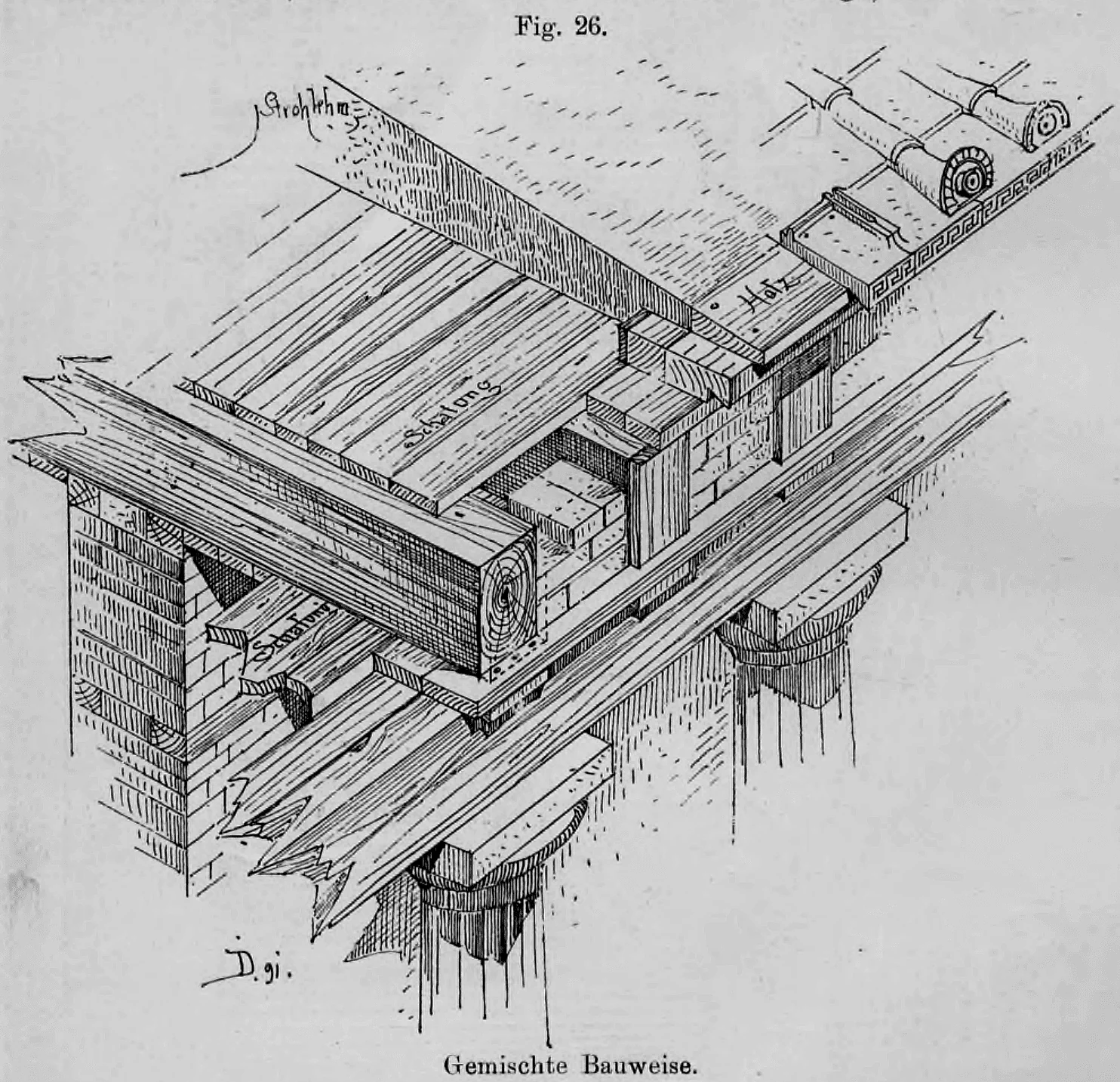Fig. 26: Technische Isometrie eines antiken Dachaufbaus mit einer Kombination aus Holz- und Steinkonstruktionen.