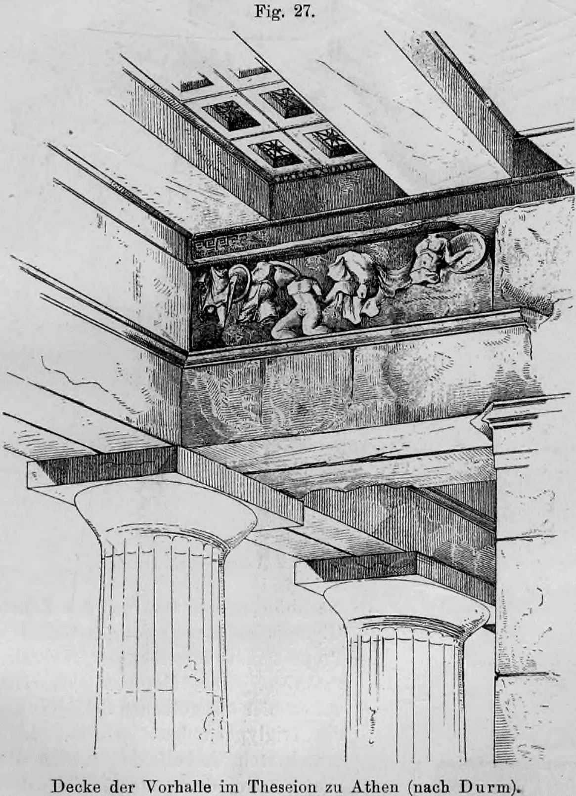 Fig. 27: Perspektivische Ansicht der Decken- und Gebälkkonstruktion in der Vorhalle des Theseion in Athen.