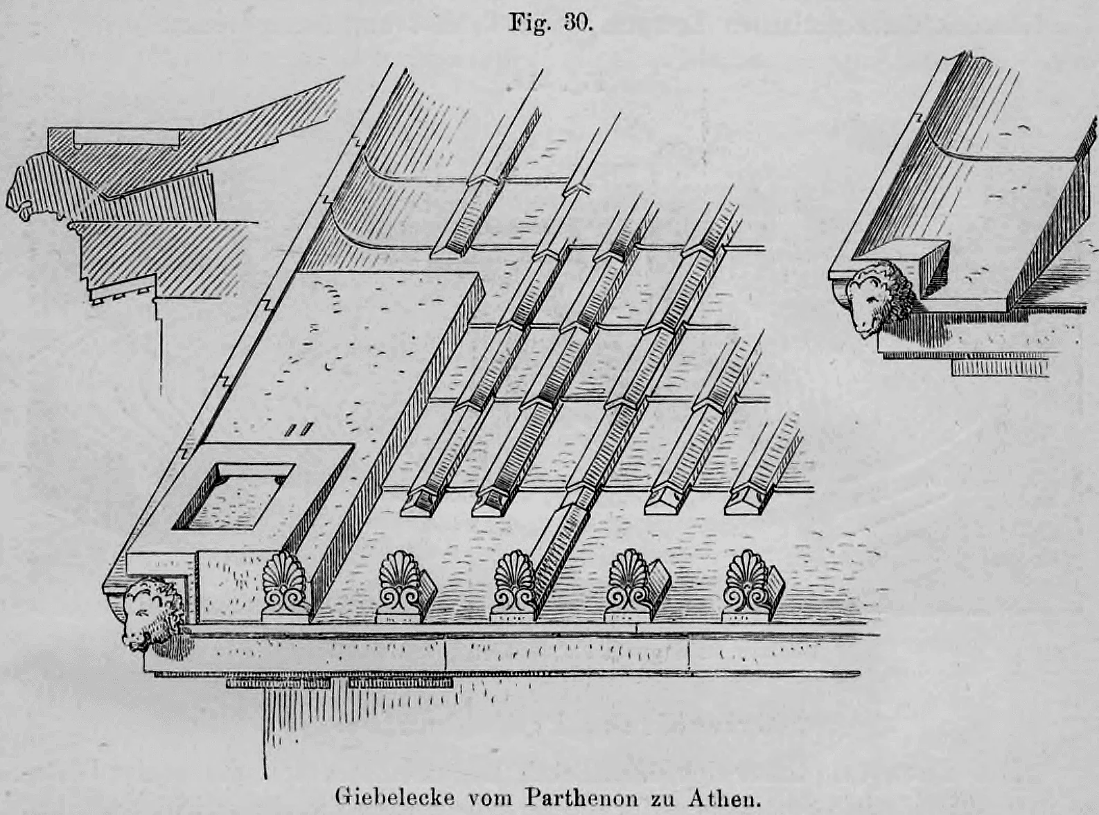 Fig. 30: Detailzeichnung der Dacheindeckung und Giebelecke des Parthenon in Athen.
