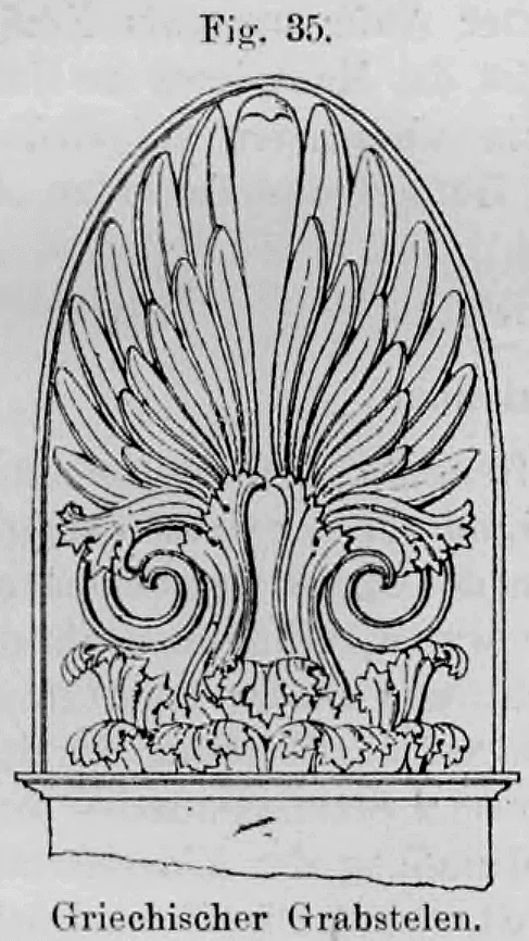 Fig. 35: Detailansicht einer reich ornamentierten Bekrönung einer griechischen Grabstele.