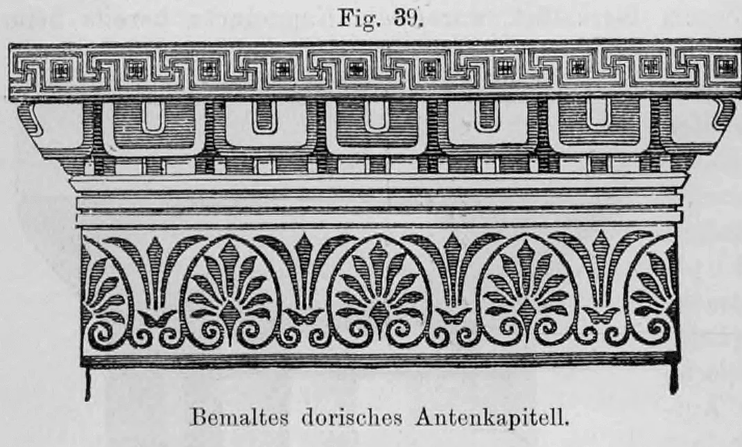 Fig. 39.: Detailzeichnung eines verzierten und bemalten Antenkapitells mit darüberliegendem Fries.