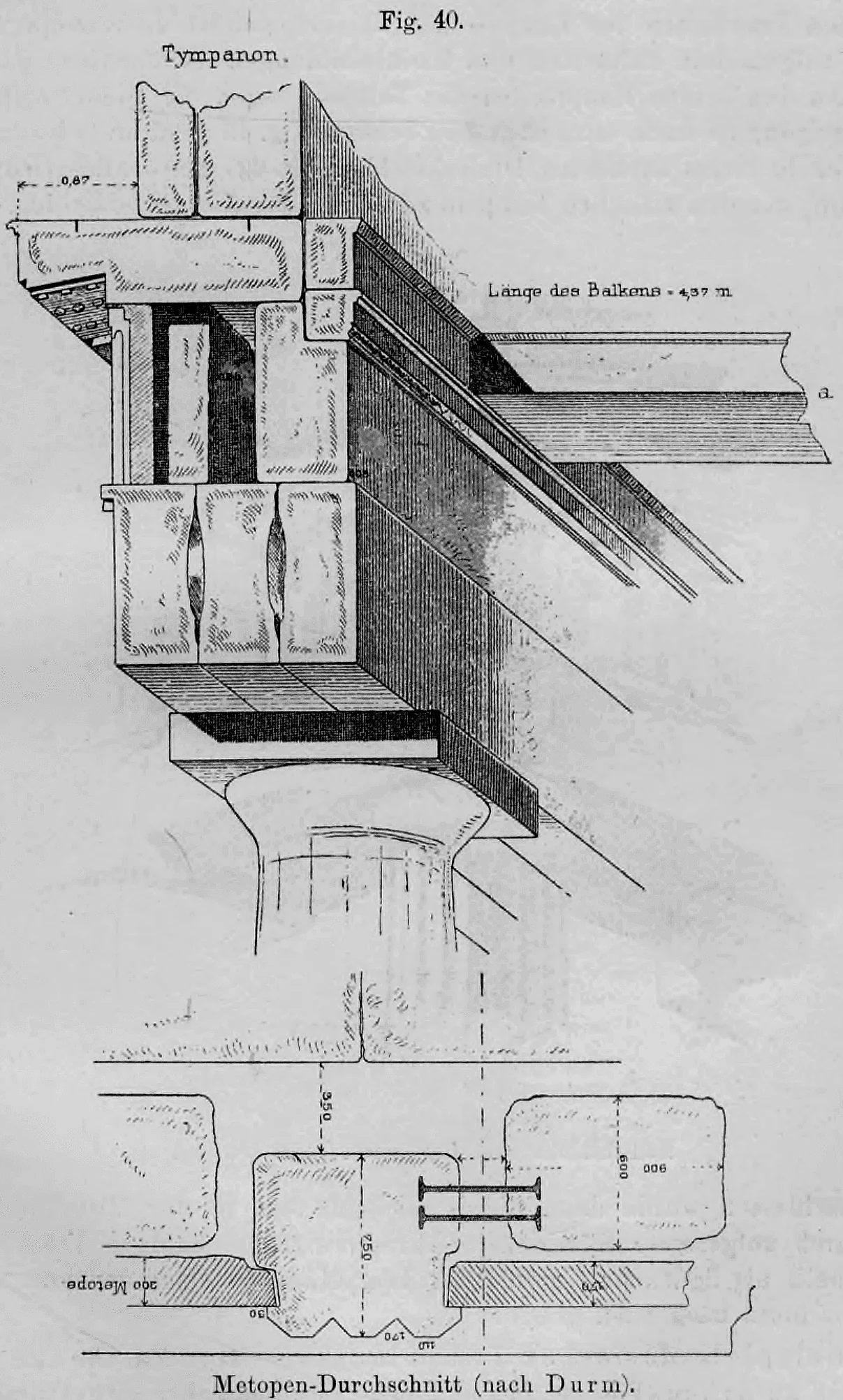 Fig. 40: Architektonische Darstellung eines dorischen Gebälks mit Fokus auf die Metopen-Konstruktion.