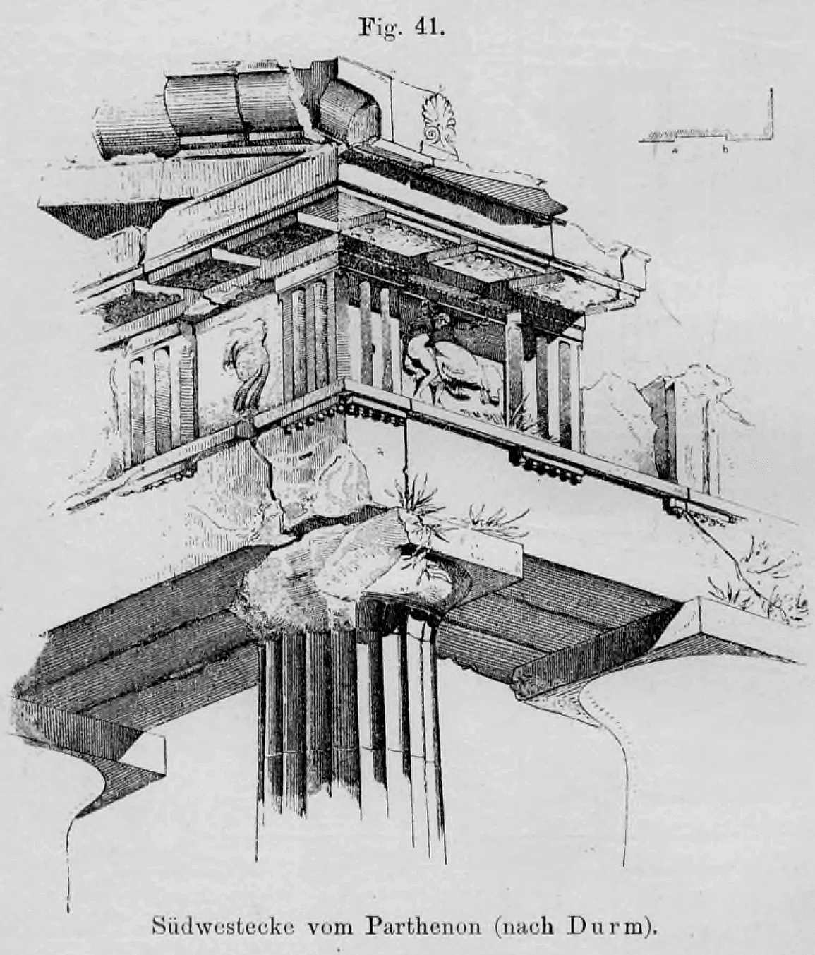 Fig. 41: Perspektivische Detailzeichnung der Südwestecke des Parthenon in Athen.