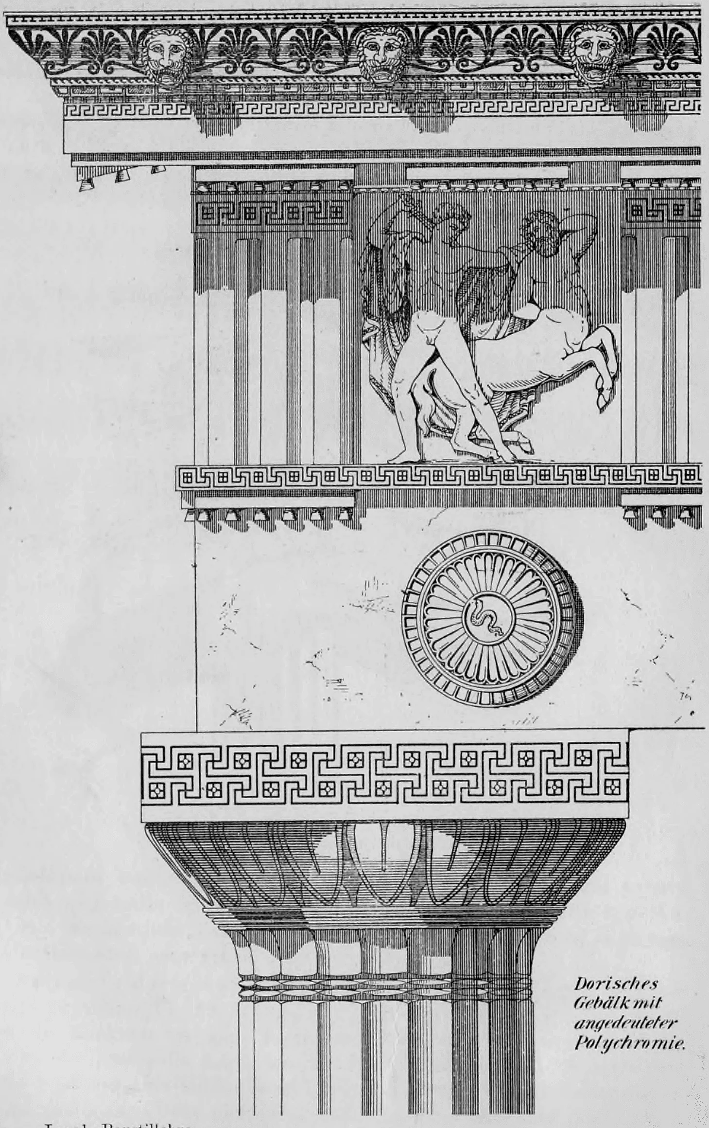 Bild 1: Illustration eines dorischen Gebälks mit Kapitell, Triglyphenfries und skulptierter Metope.