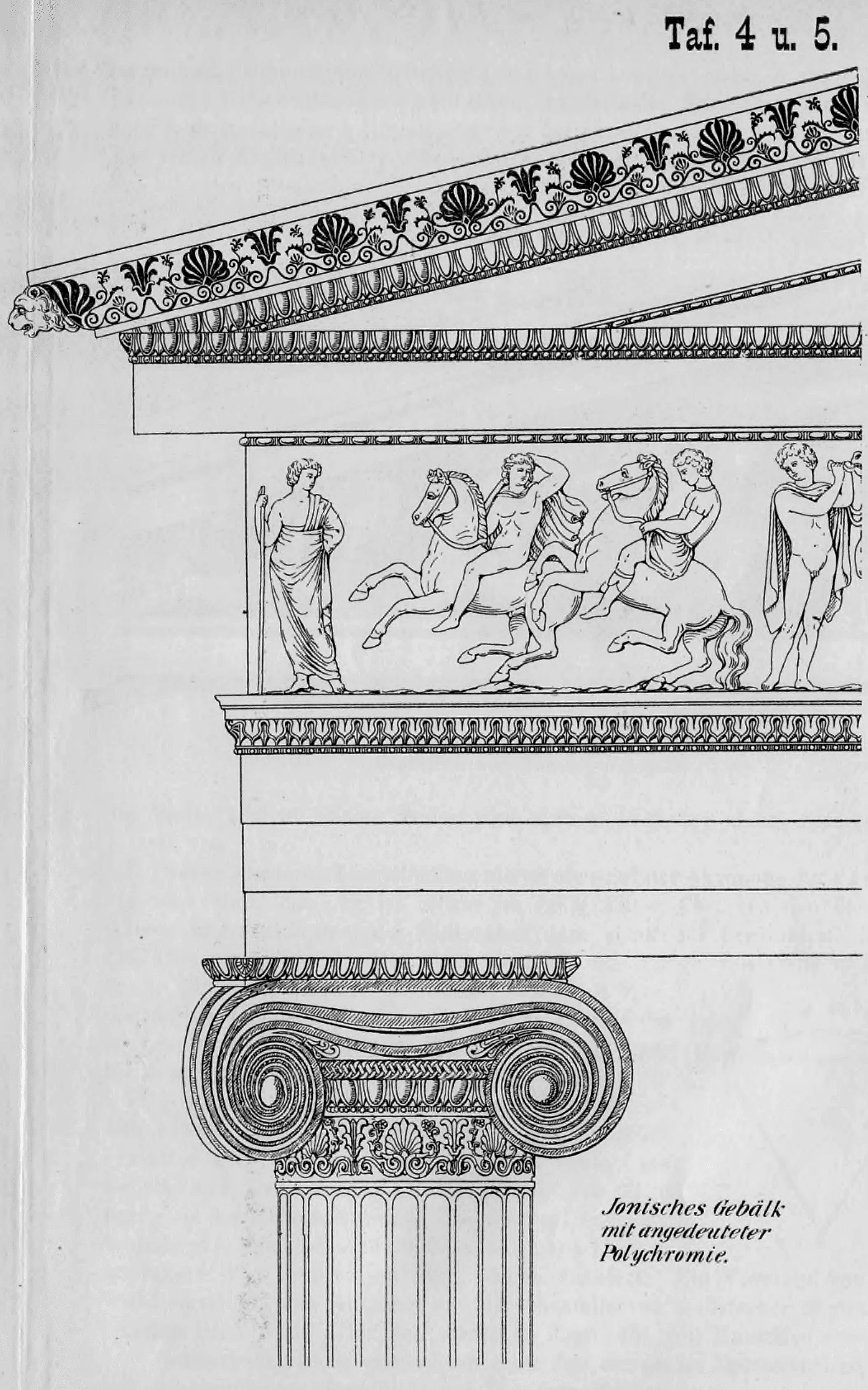 Tafel 4 u. 5: Illustration eines ionischen Gebälks mit Volutenkapitell und einem Fries mit Reiterprozession.