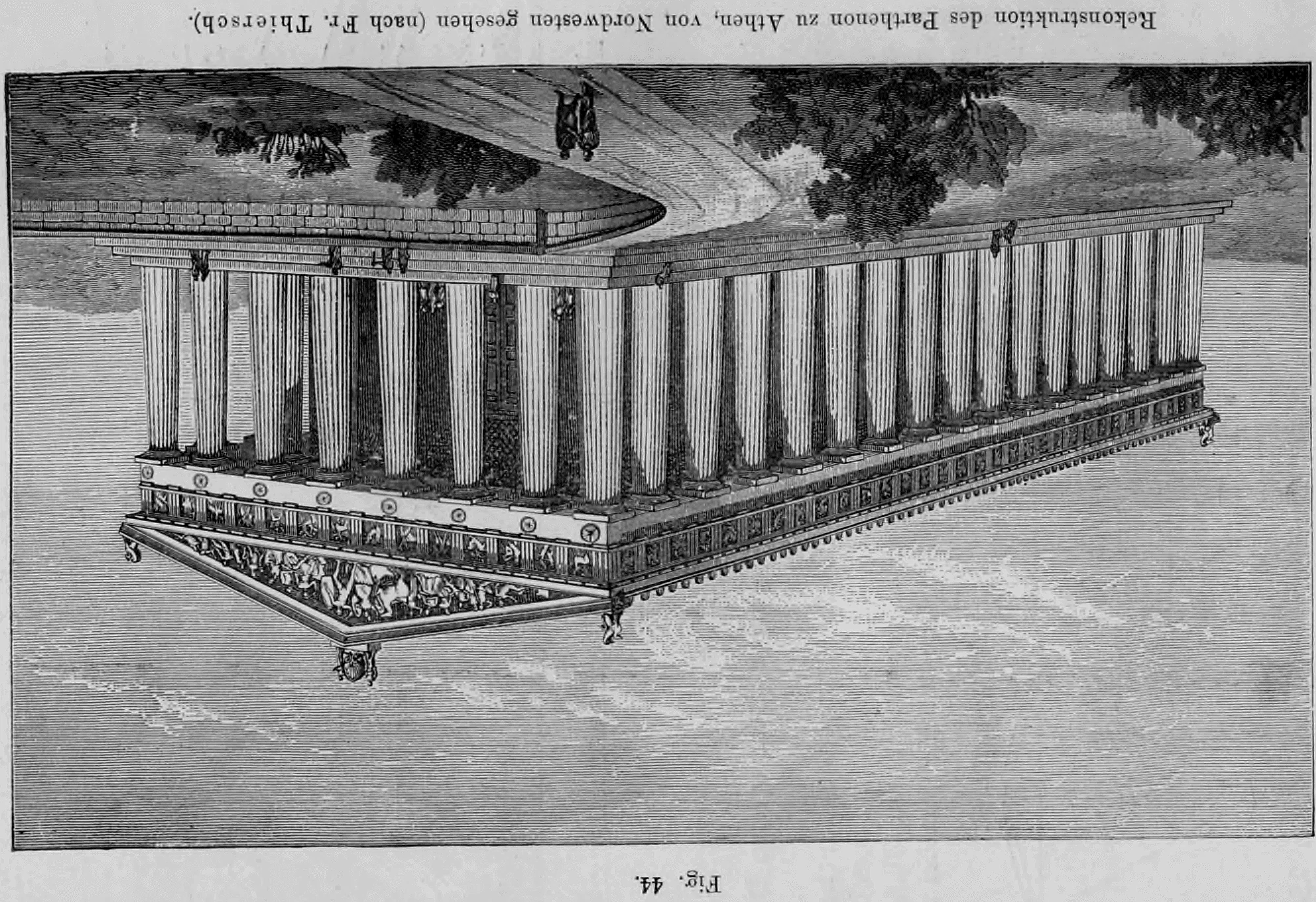 Fig. 44: Perspektivische Rekonstruktionszeichnung des Parthenon-Tempels auf der Akropolis von Athen.