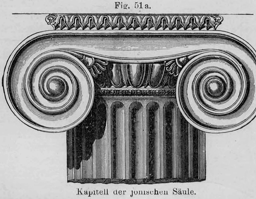 Fig. 51 a.: Vorderansicht eines ionischen Volutenkapitells mit Eierstab-Ornamentik.