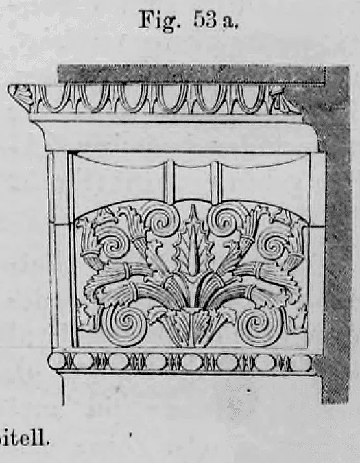 Fig. 53 a: Frontalansicht oder Variante eines ionischen Antenkapitells mit Akanthus- und Palmettenmotiven.