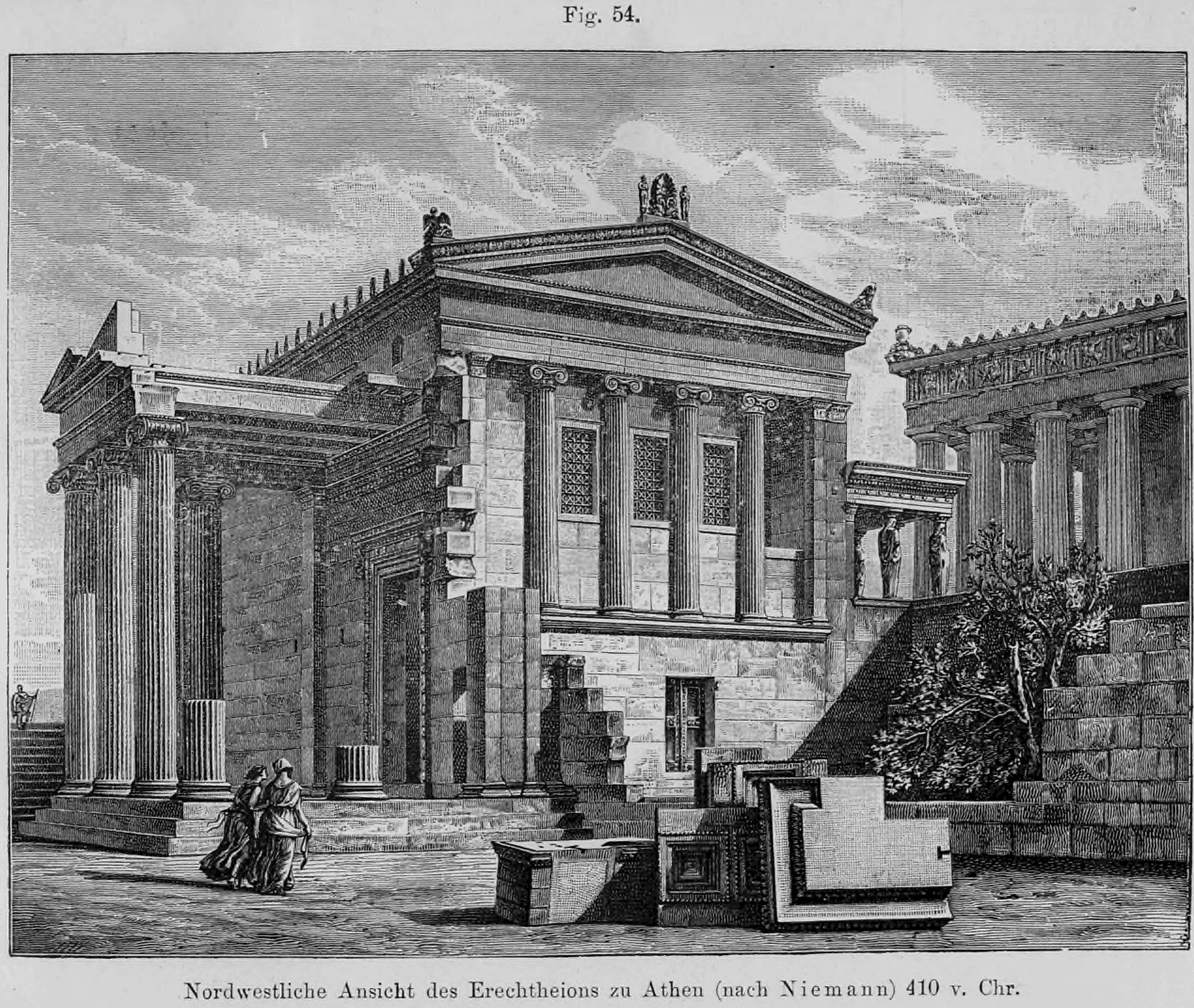 Fig. 54: Perspektivische Rekonstruktionszeichnung des Erechtheion-Tempels auf der Akropolis in Athen.