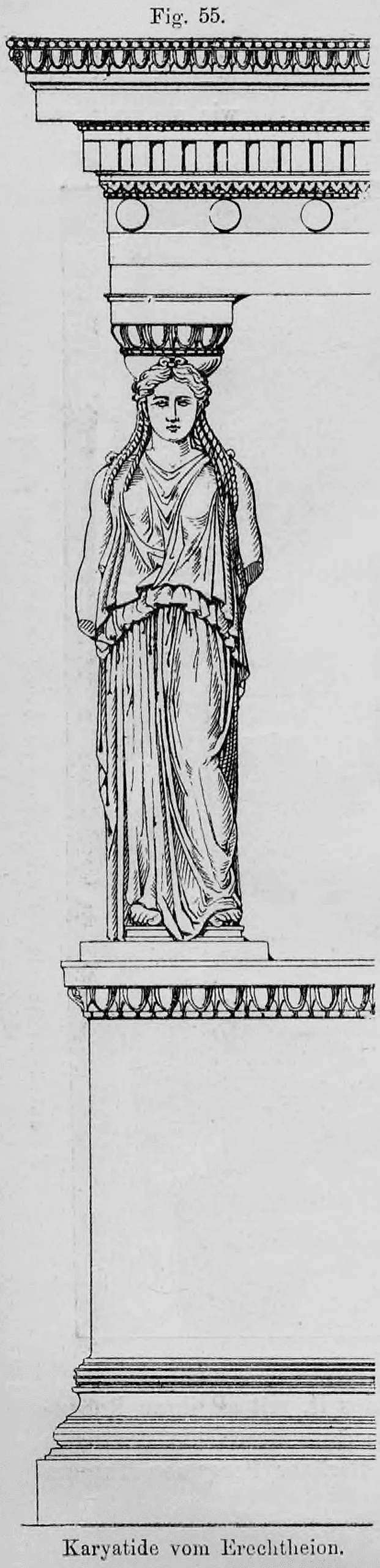 Fig. 55: Zeichnung einer Karyatide (weibliche Gewandstatue als Säulenersatz) vom Erechtheion in Athen.