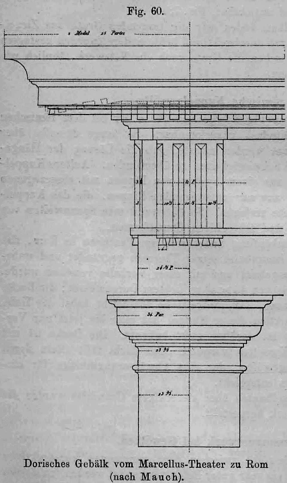 Fig. 60: Architektonische Detailzeichnung des dorischen Gebälks und Kapitells vom Marcellus-Theater in Rom.