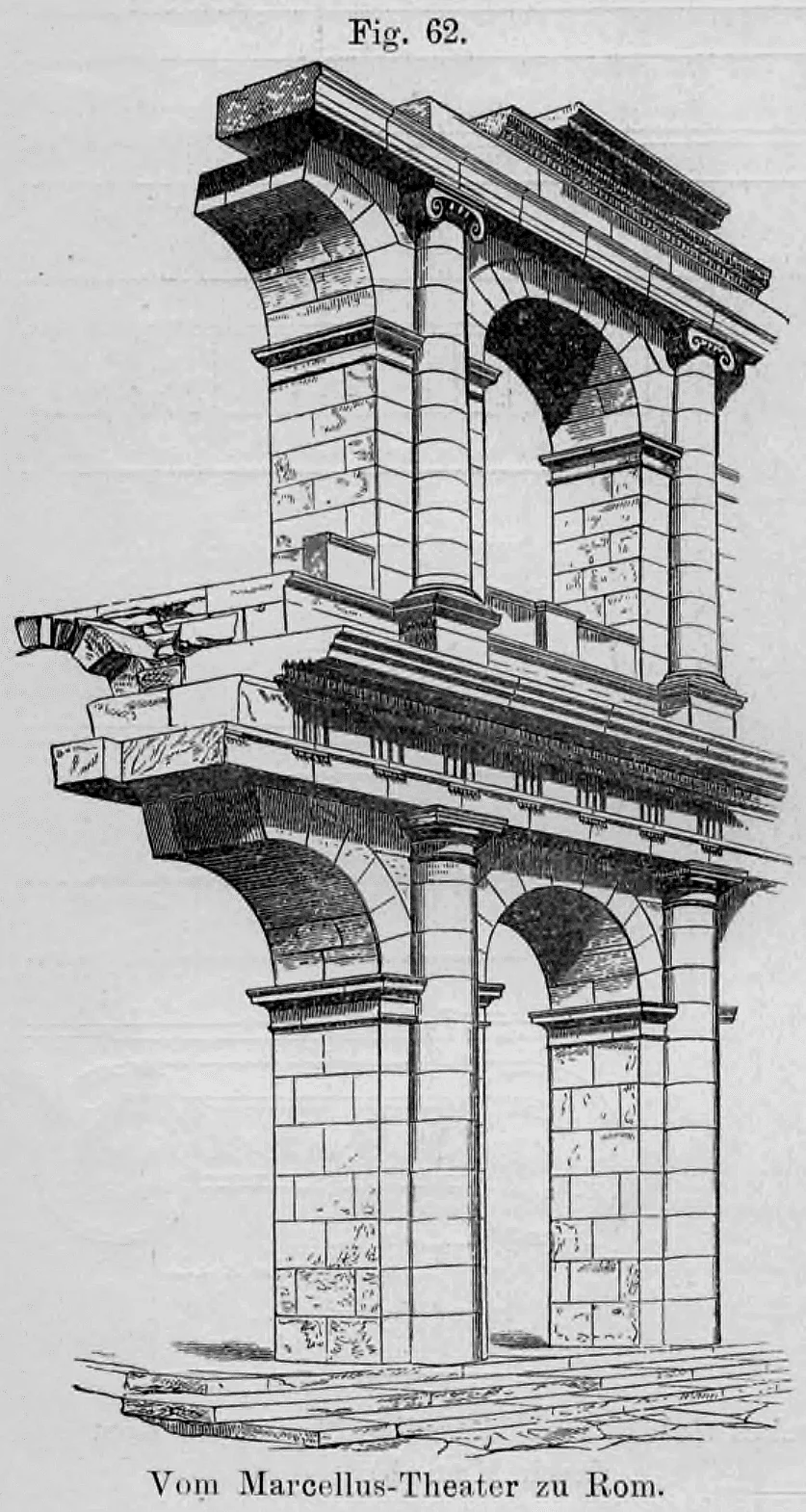 Fig. 62: Perspektivische Darstellung einer Arkadenwand des Marcellus-Theaters in Rom mit übereinanderliegenden Säulenordnungen.