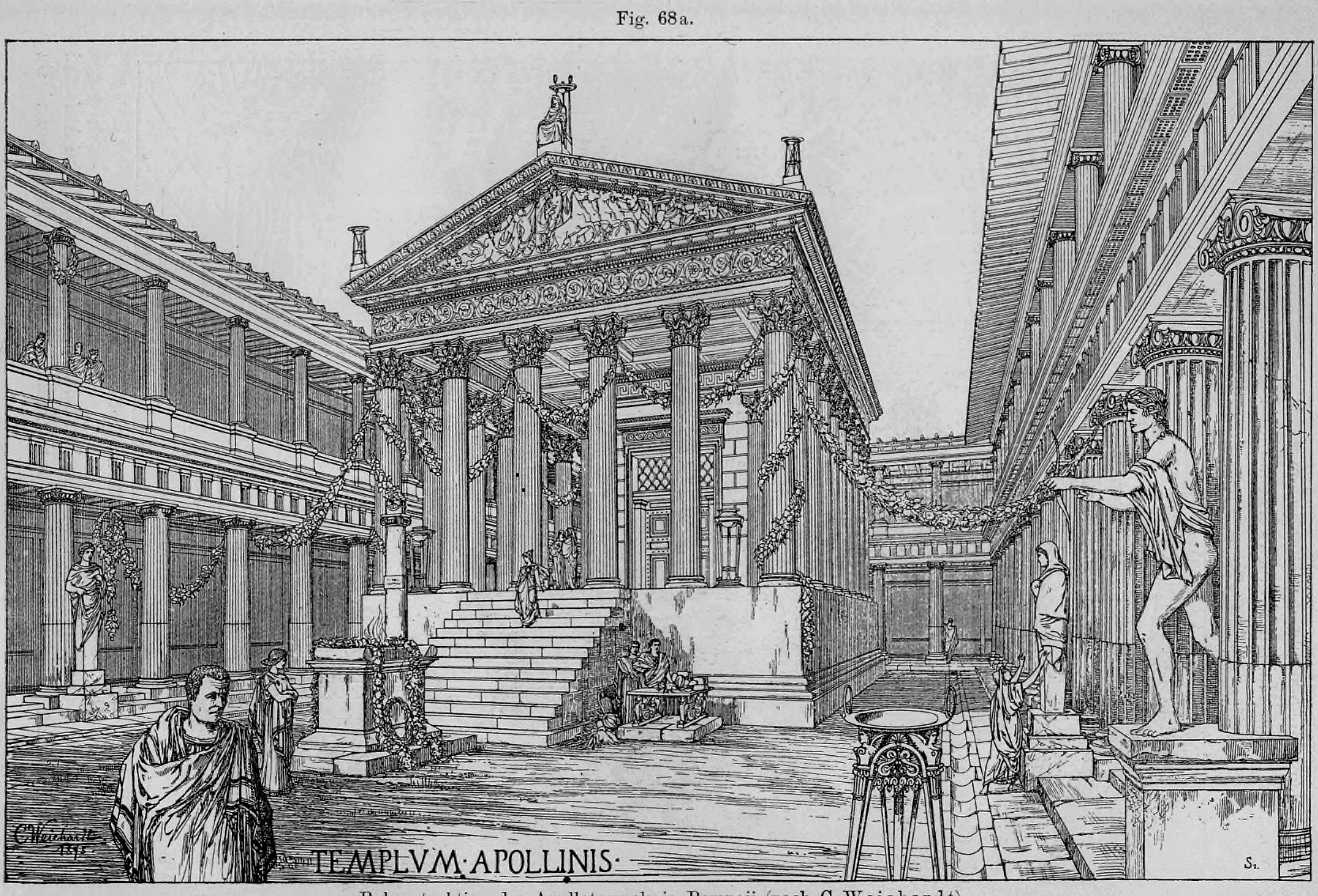 Fig. 68a: Perspektivische Rekonstruktionszeichnung des Apollotempels in Pompeji innerhalb eines Säulenhofes.