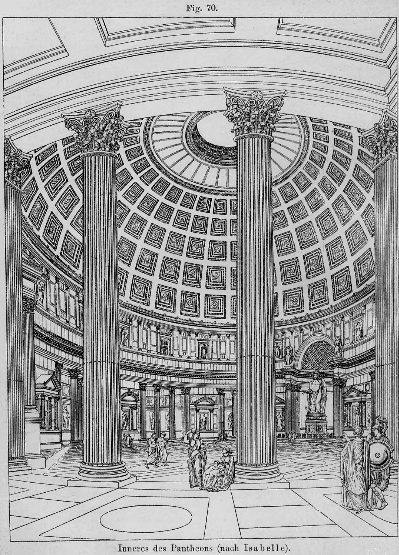 Fig. 70: Perspektivische Innenansicht des Pantheons in Rom mit Fokus auf die Kassettendecke und die Wandgliederung.