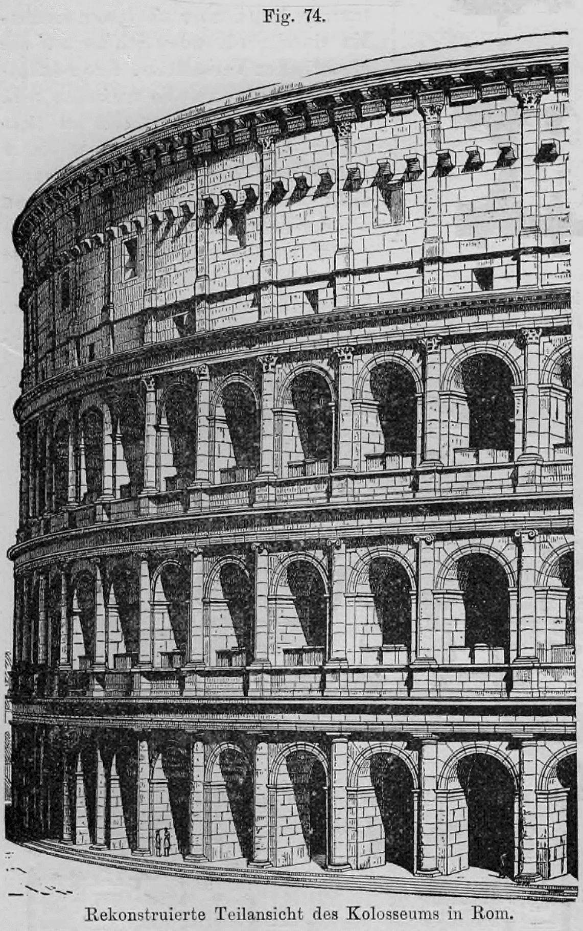 Fig. 74: Perspektivische Rekonstruktion eines Fassadenausschnitts des Kolosseums (Flavisches Amphitheater) in Rom.