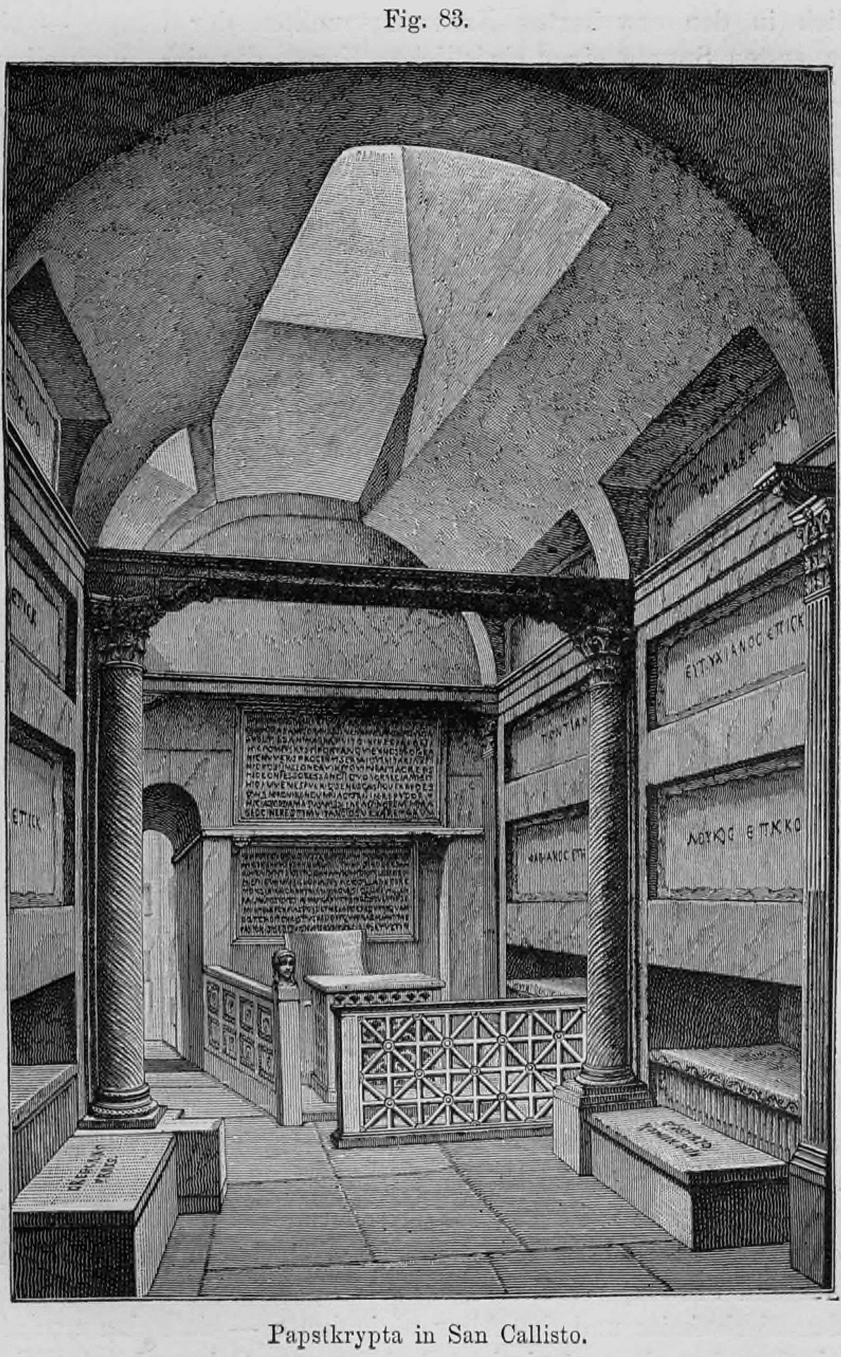 Fig. 83: Perspektivische Innenansicht der Papstkrypta in den San-Callisto-Katakomben in Rom.