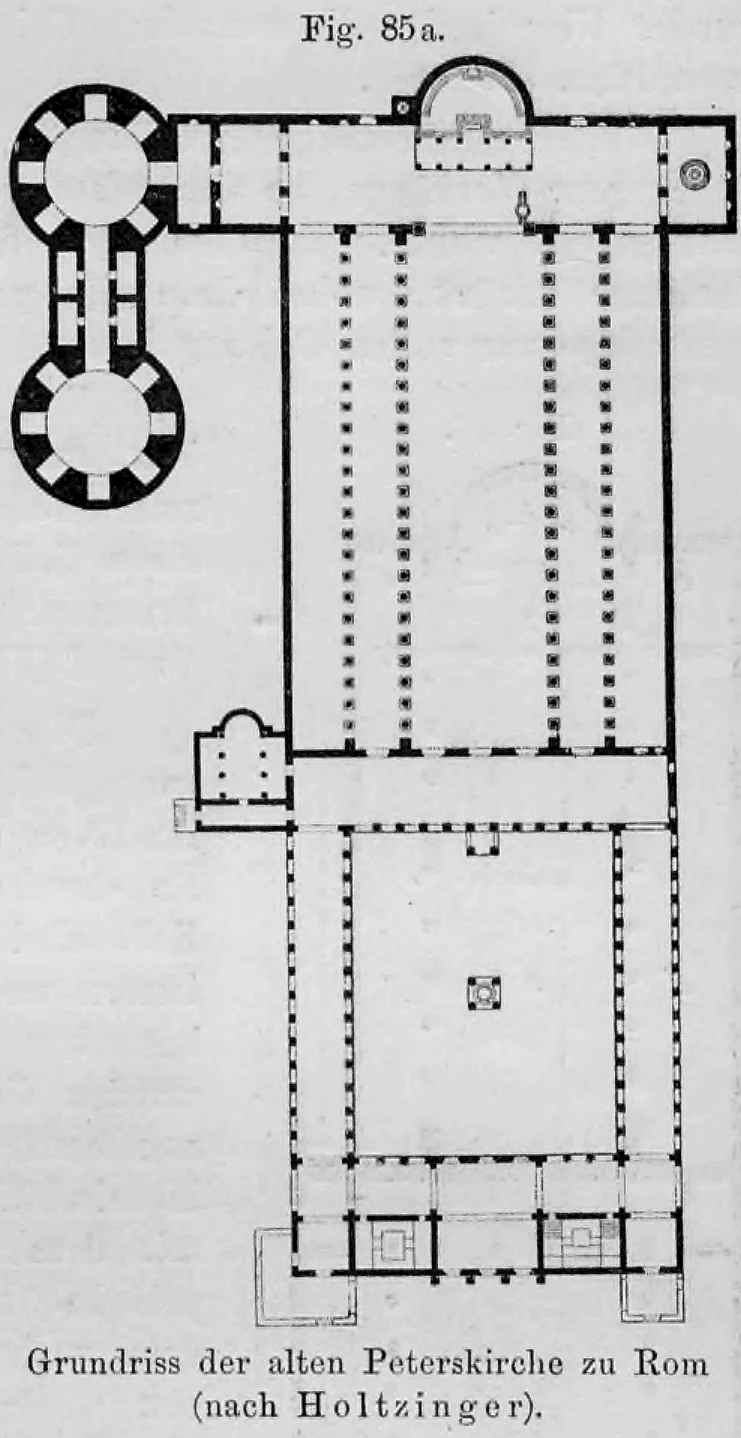 Fig. 85 a.: Technischer Grundriss der ursprünglichen, fünfschiffigen Peterskirche in Rom.