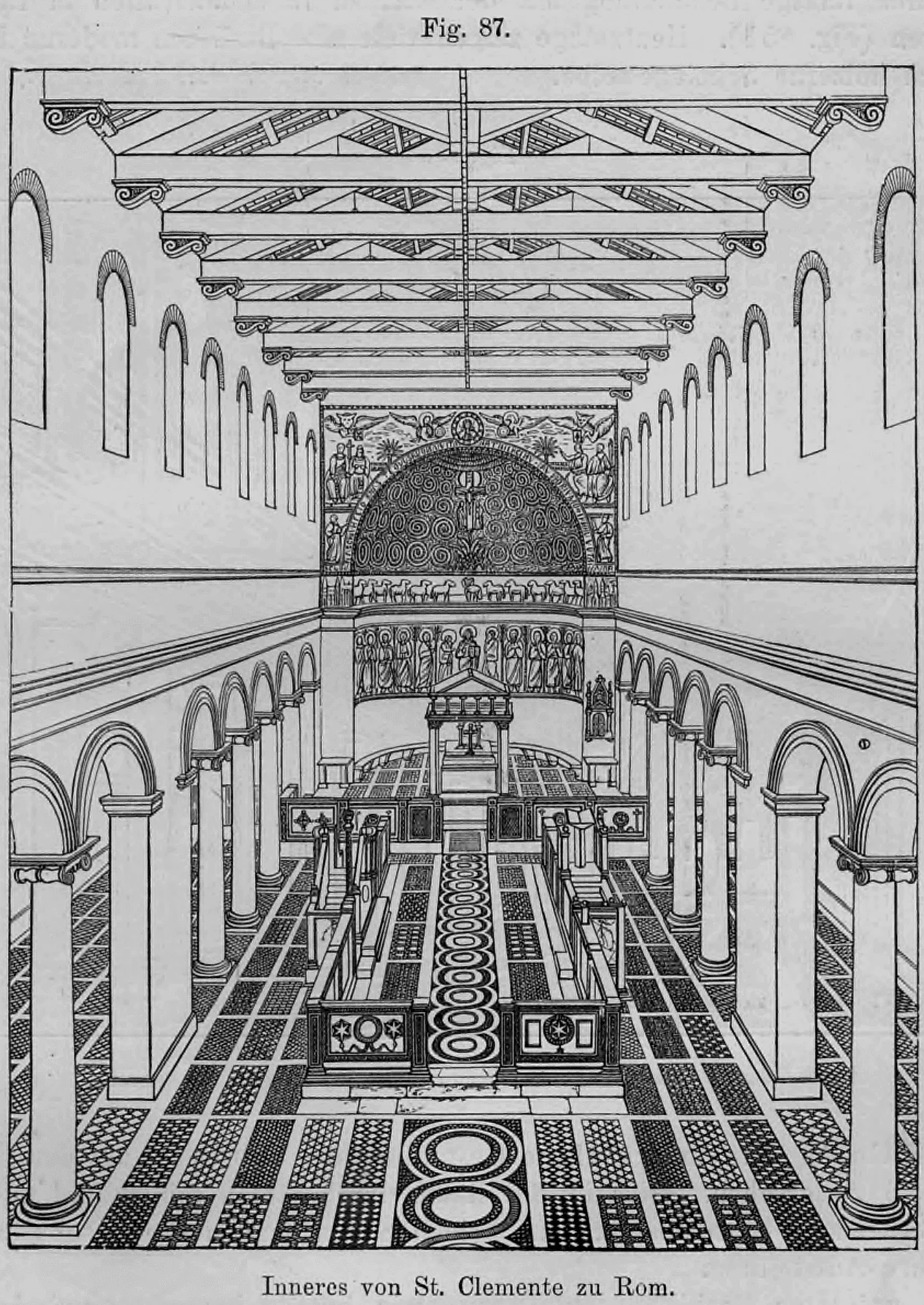 87: Perspektivische Innenansicht der Basilika San Clemente in Rom mit Blick auf das Ziborium und die Schola Cantorum.