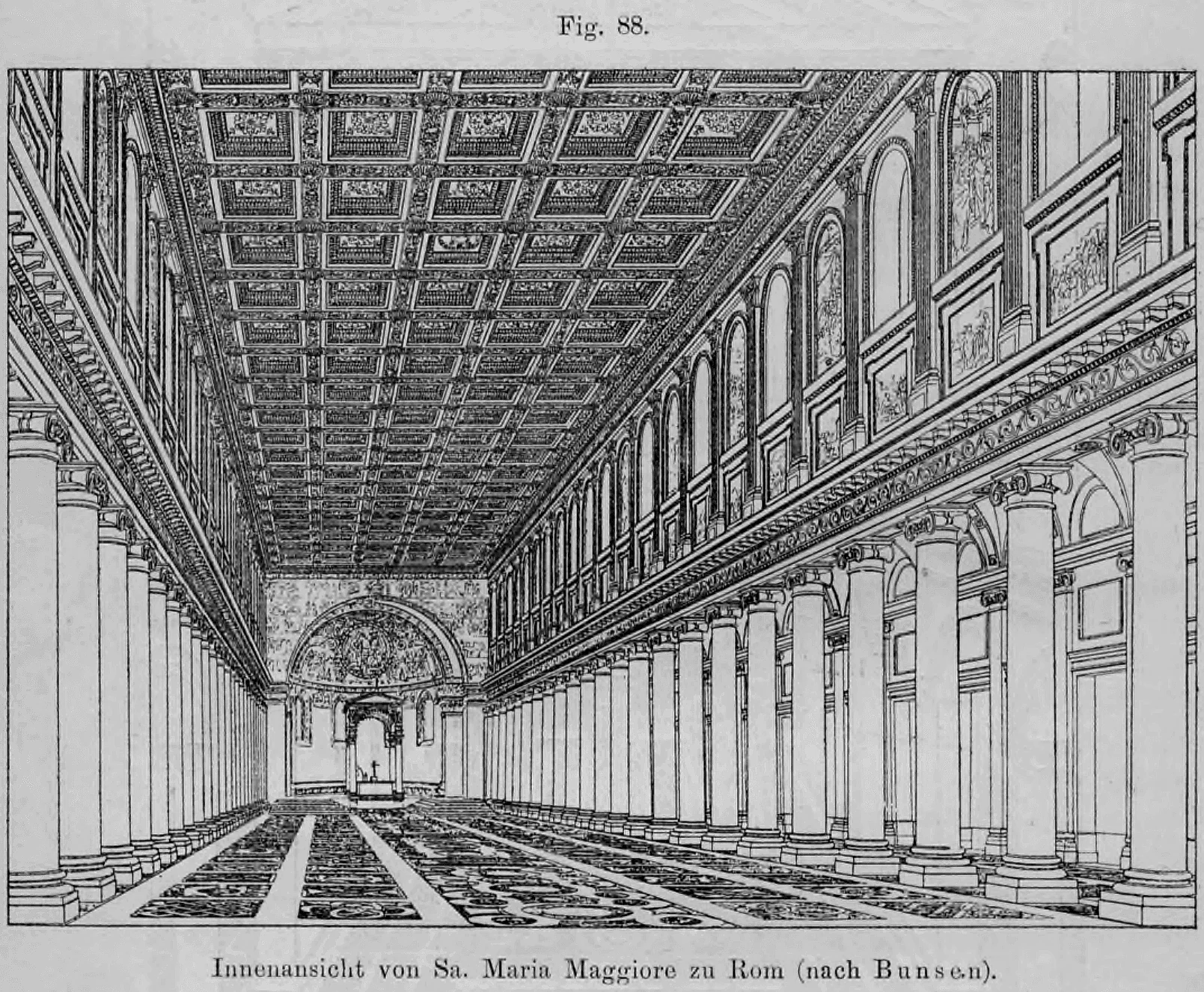 88: Perspektivische Innenansicht des Hauptschiffs der Basilika Santa Maria Maggiore in Rom mit Fokus auf die Kassettendecke und Säulenreihen.