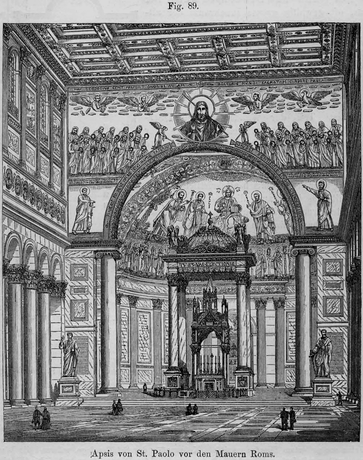 89: Perspektivische Innenansicht der Apsis und des Triumphbogens der Basilika San Paolo fuori le mura in Rom.