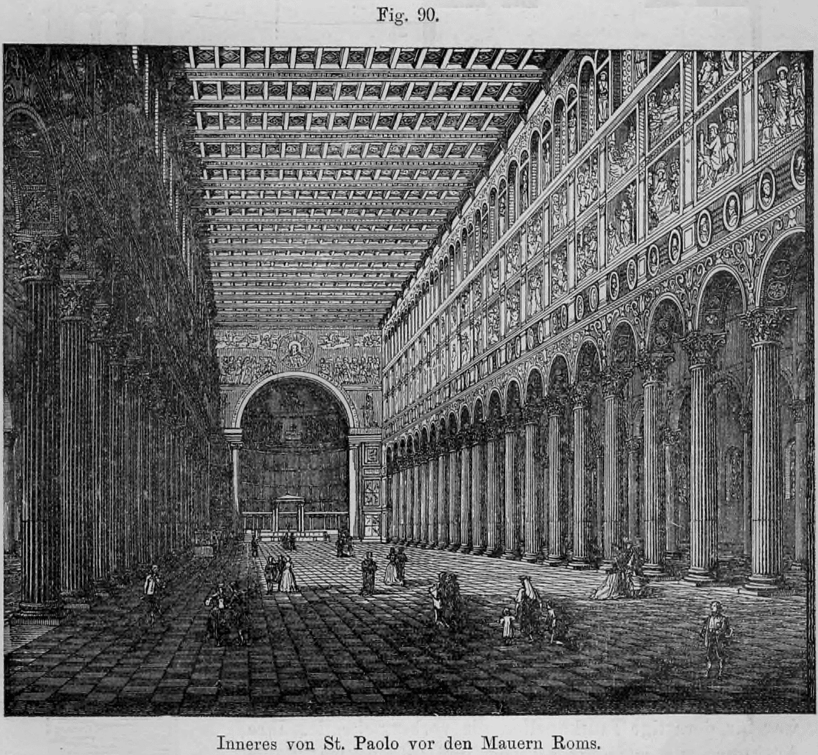 90: Perspektivische Innenansicht des Mittelschiffs der Basilika San Paolo fuori le mura in Rom.