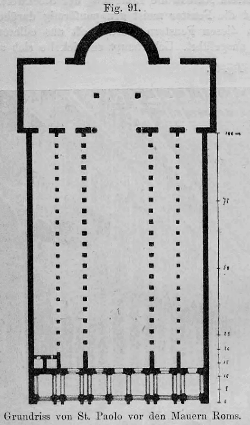 91: Ein detaillierter technischer Grundriss der Basilika San Paolo fuori le mura in Rom.