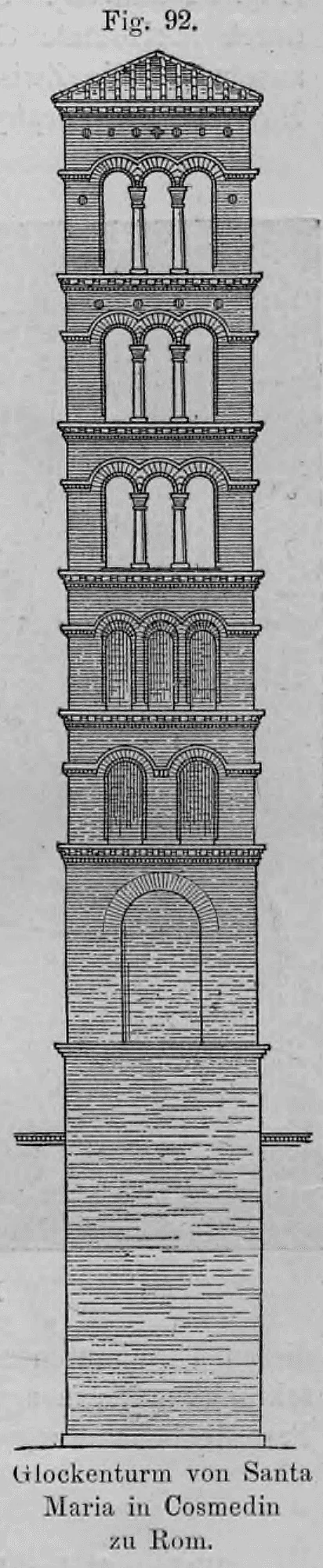 92: Architektonische Aufrisszeichnung des romanischen Campanile von Santa Maria in Cosmedin.