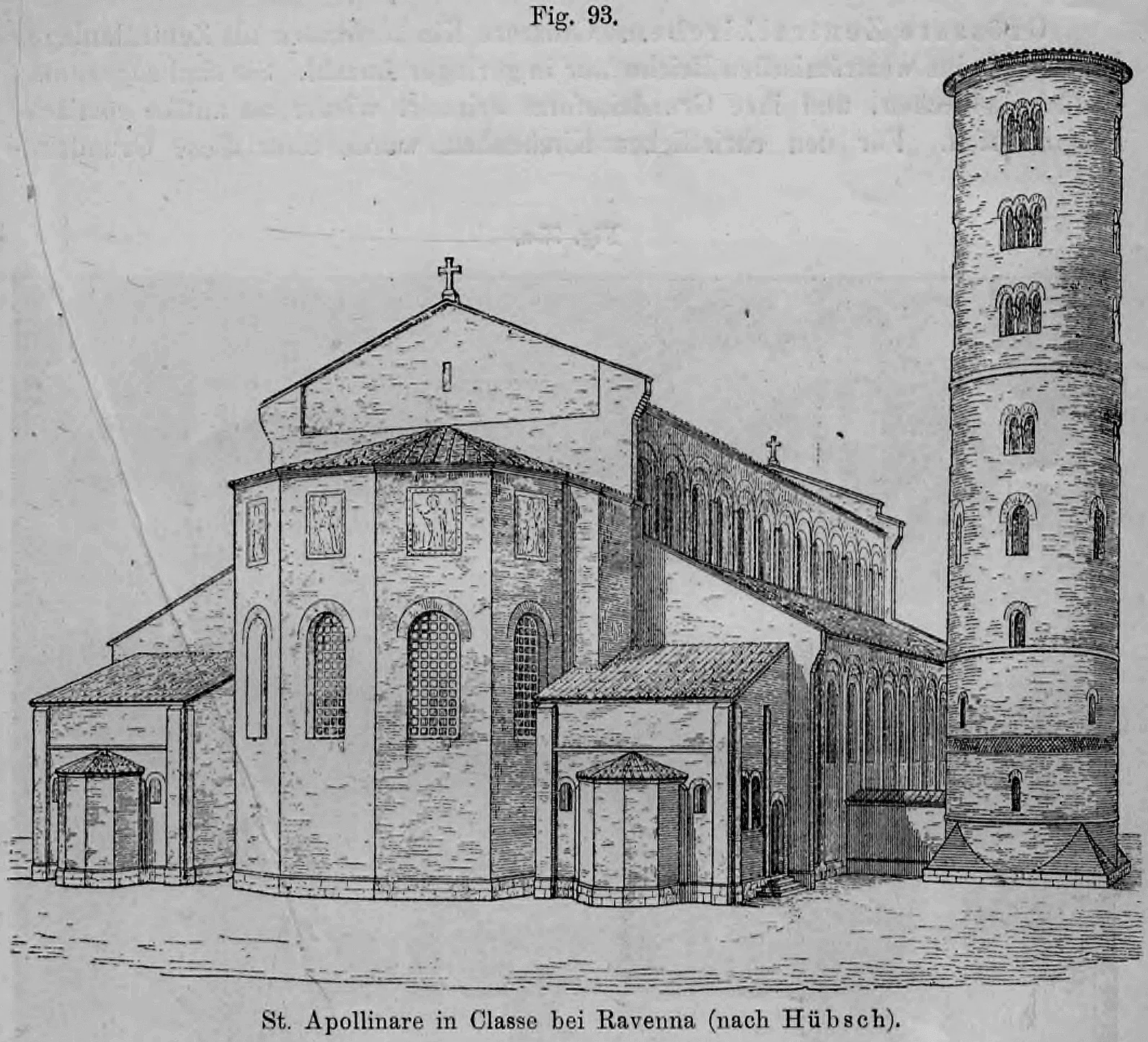 93: Eine perspektivische Außenansicht der Basilika Sant’Apollinare in Classe mit ihrem charakteristischen runden Glockenturm.