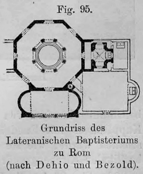95: Technischer Grundriss des achteckigen Baptisteriums an der Lateranbasilika in Rom.
