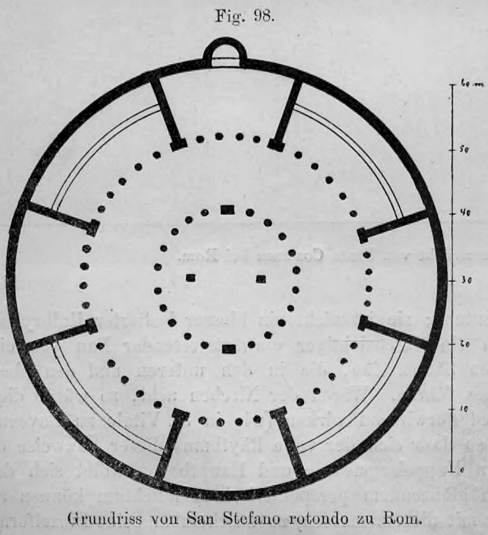 Fig. 98: Grundriss der Kirche San Stefano Rotondo in Rom, eine monumentale Zentralanlage mit konzentrischen Säulenringen.