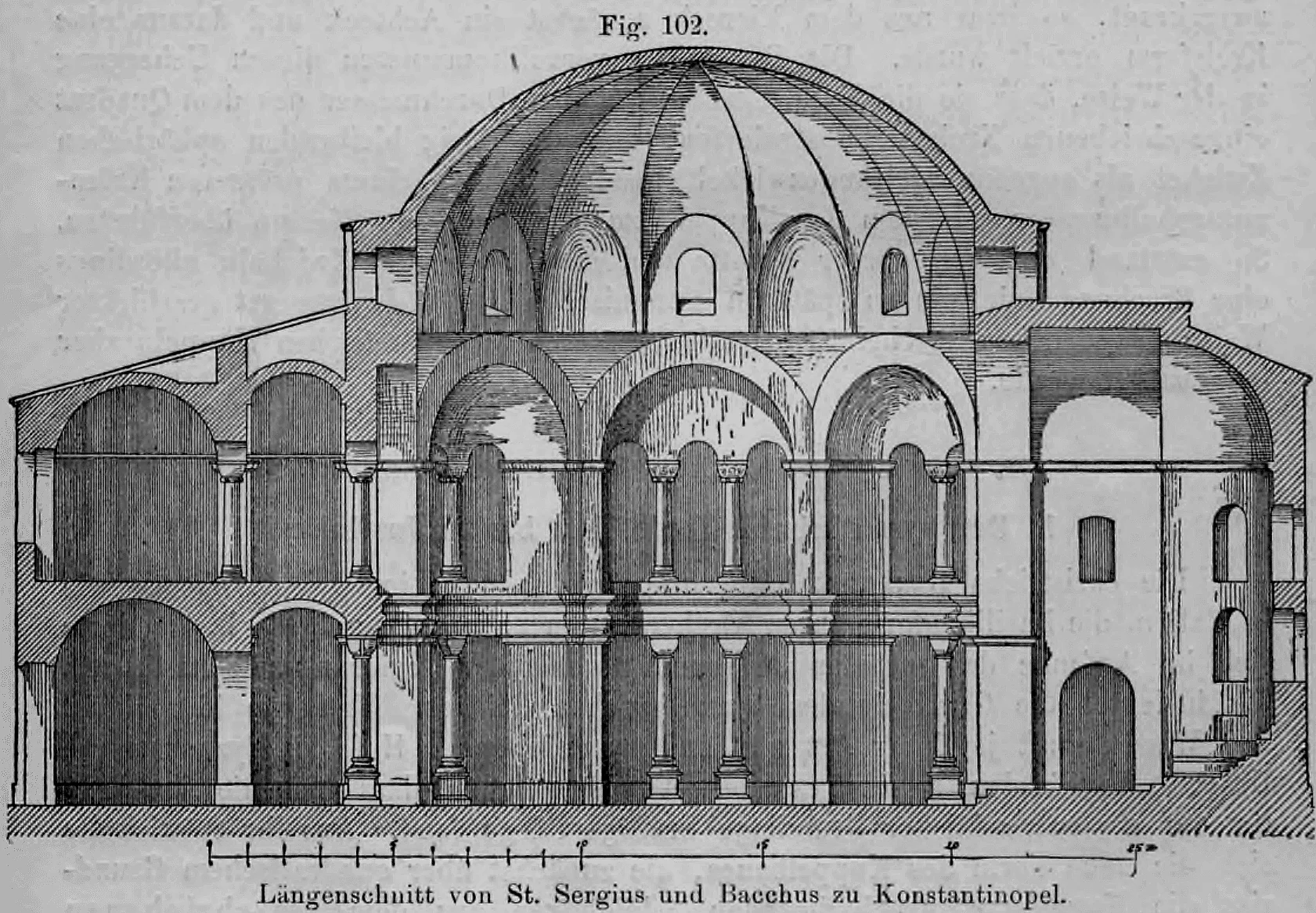 Fig. 102: Längsschnitt durch die Kirche St. Sergius und Bacchus zur Darstellung der inneren Gliederung und Einwölbung.